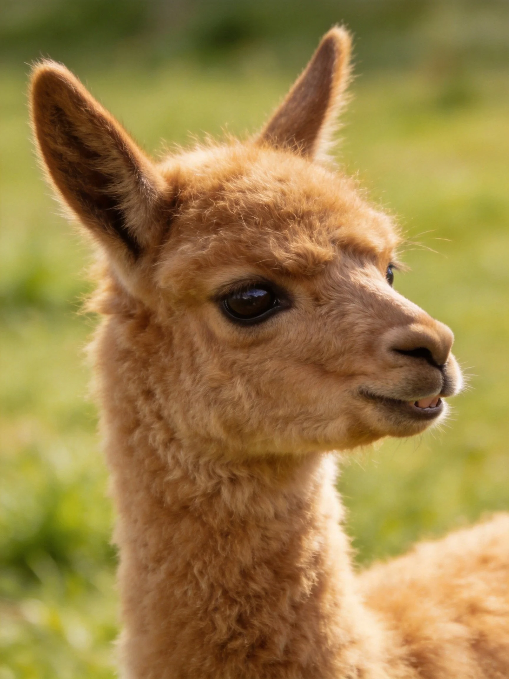 A fluffy tan baby alpaca with large ears in a green field