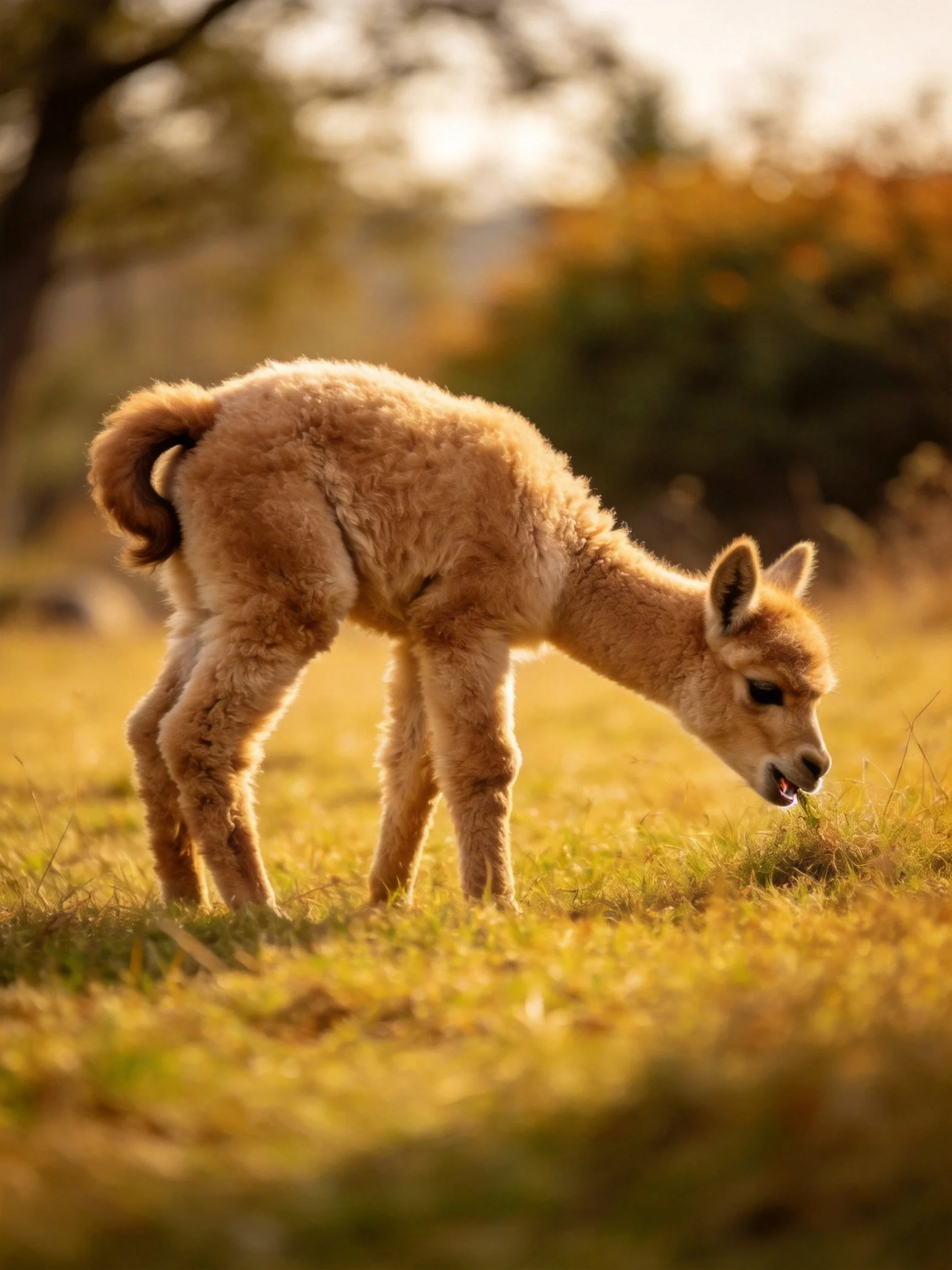 A fluffy tan baby llama grazes in a sunlit golden meadow