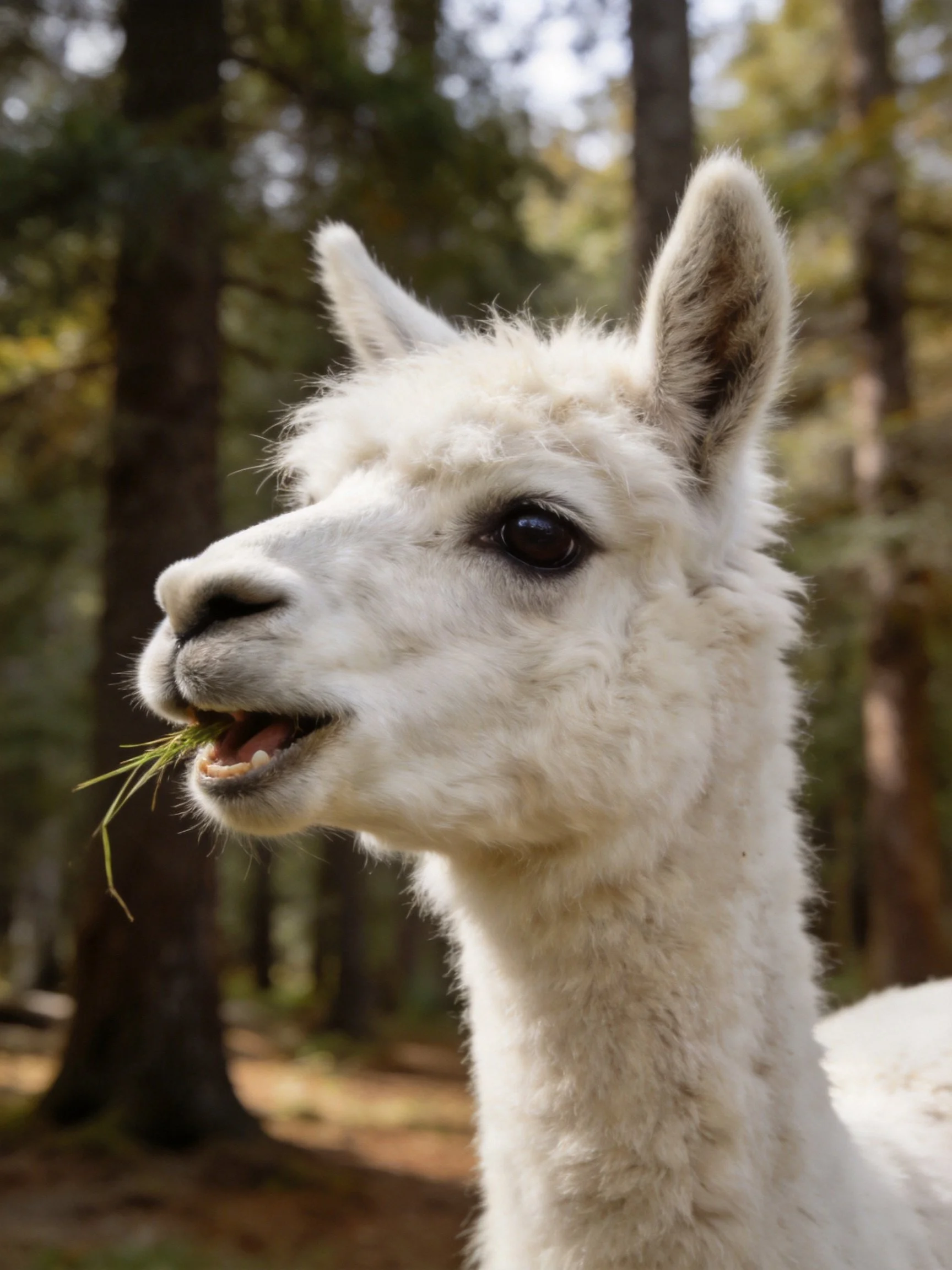 A fluffy white alpaca eating grass near tall forest trees