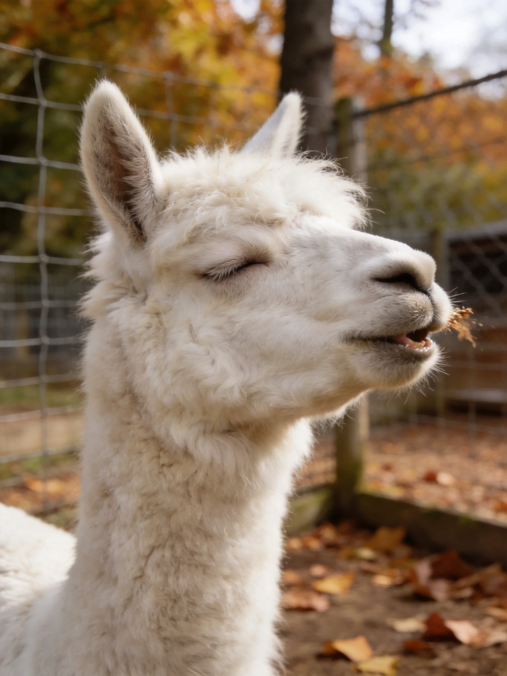 A fluffy white alpaca enjoys autumn foliage near a wire fence