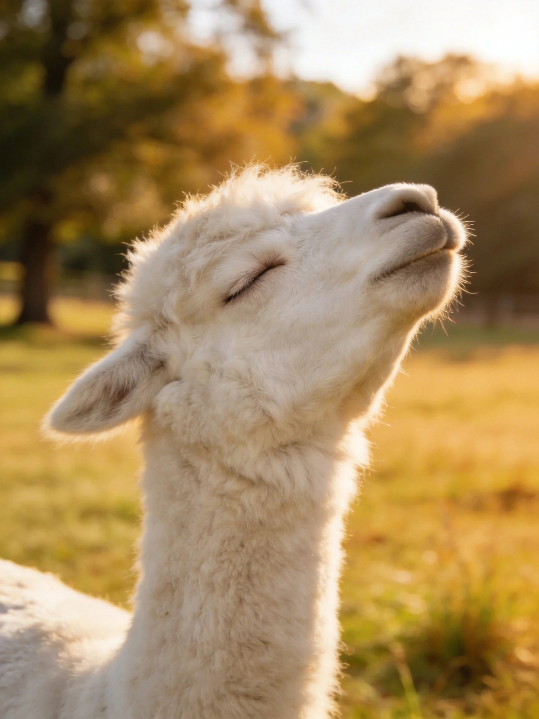 A fluffy white alpaca enjoys golden-hour sunlight in a grassy field