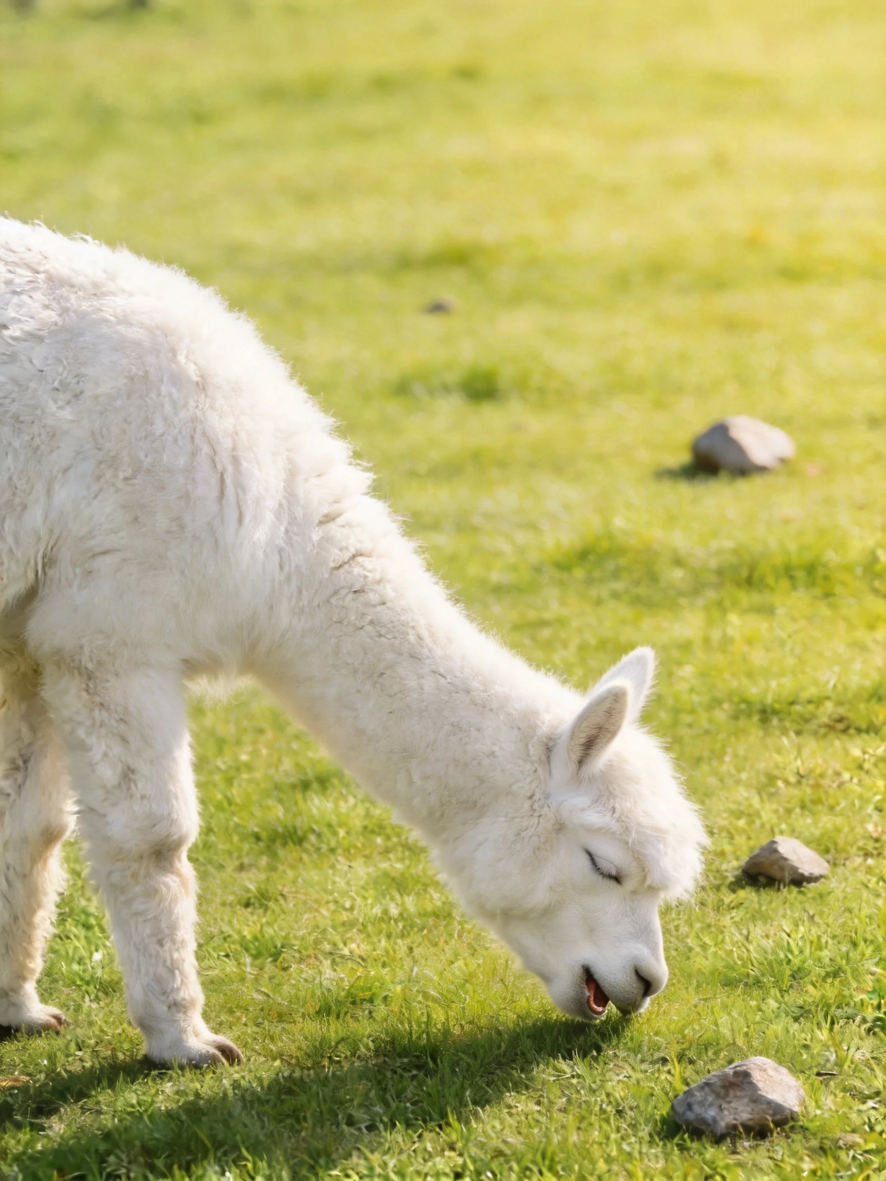 A fluffy white alpaca grazing in a sunlit green meadow