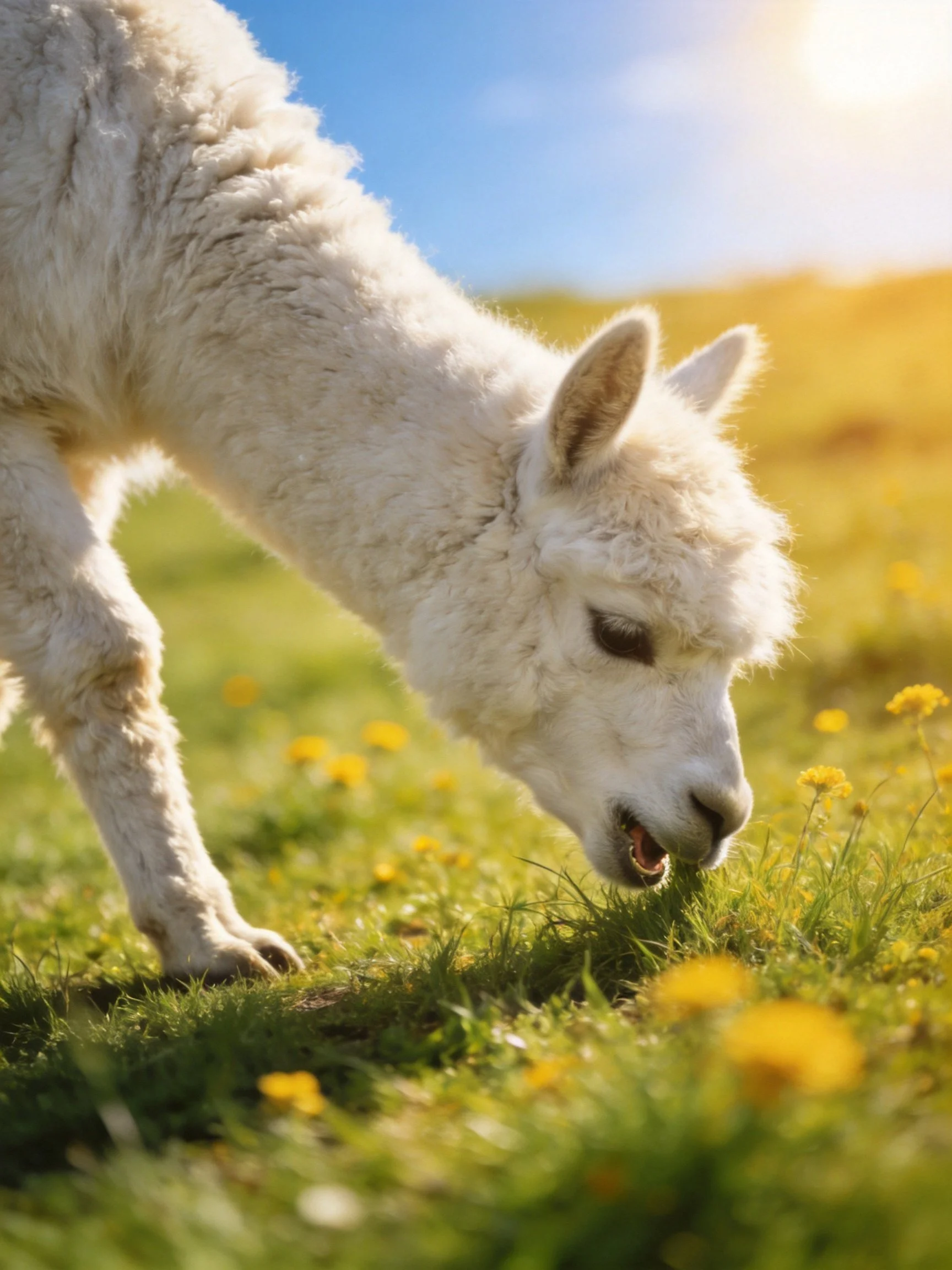 A fluffy white alpaca grazing in a sunlit meadow with yellow wildflowers