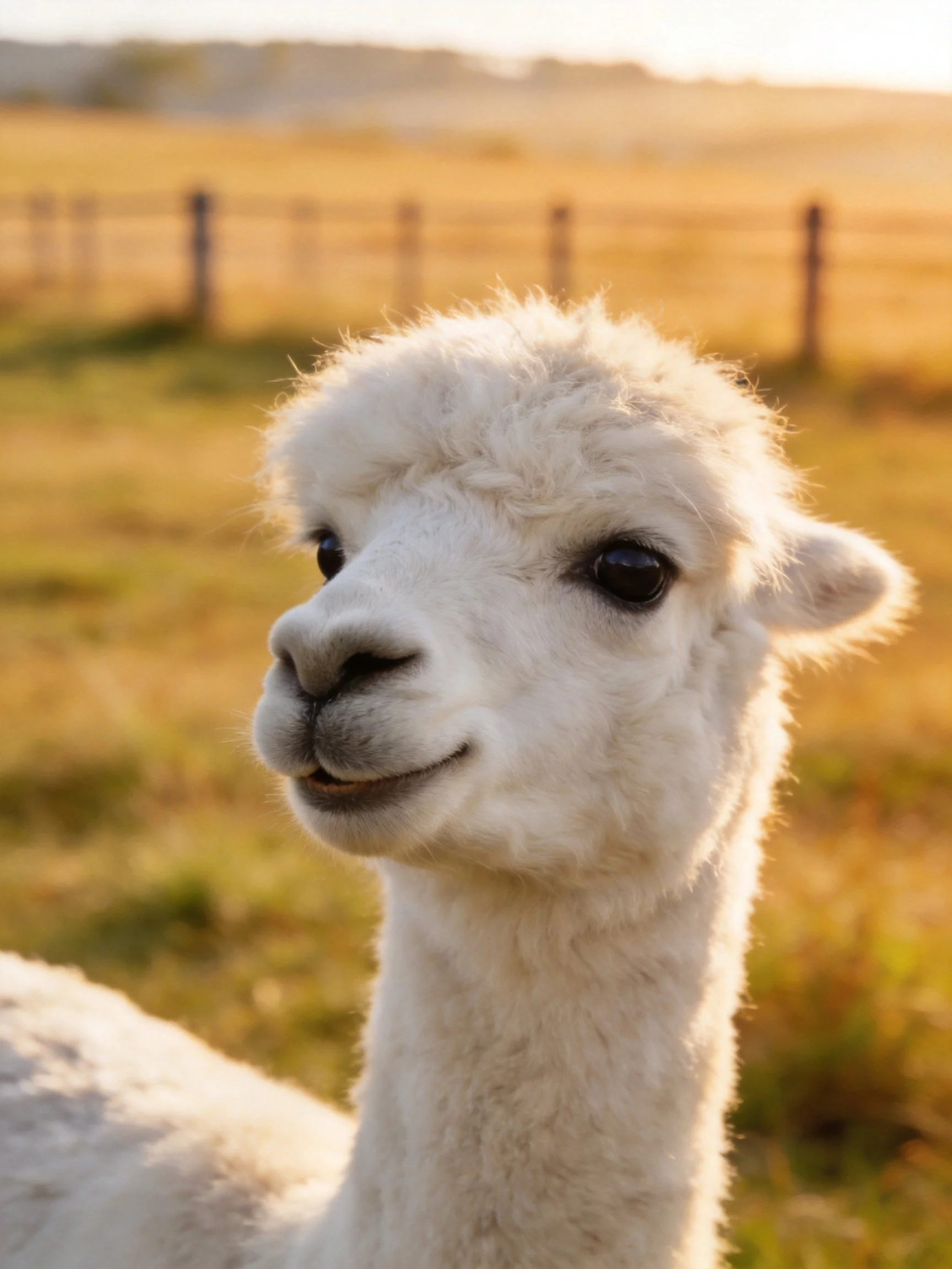 A fluffy white alpaca stands in a sunlit rural field with a wooden fence.