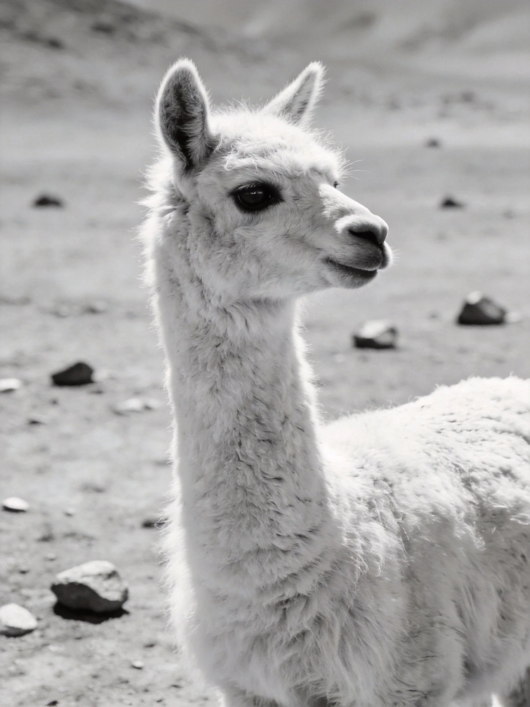 A fluffy white alpaca in a rocky, monochrome landscape
