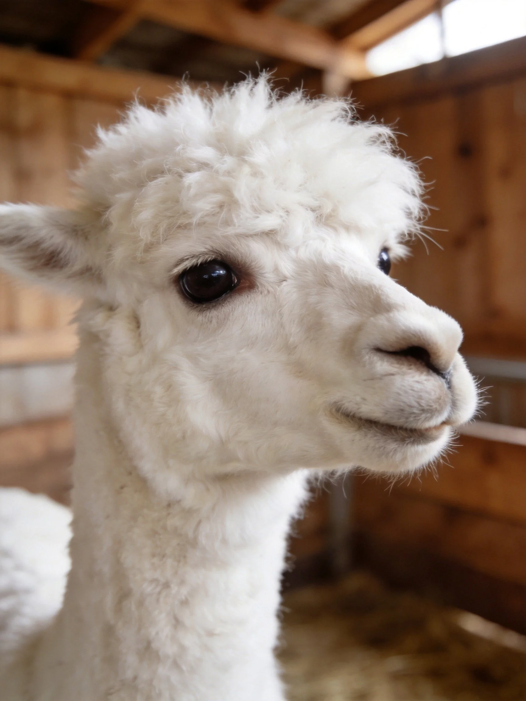A fluffy white alpaca in a rustic wooden barn enclosure