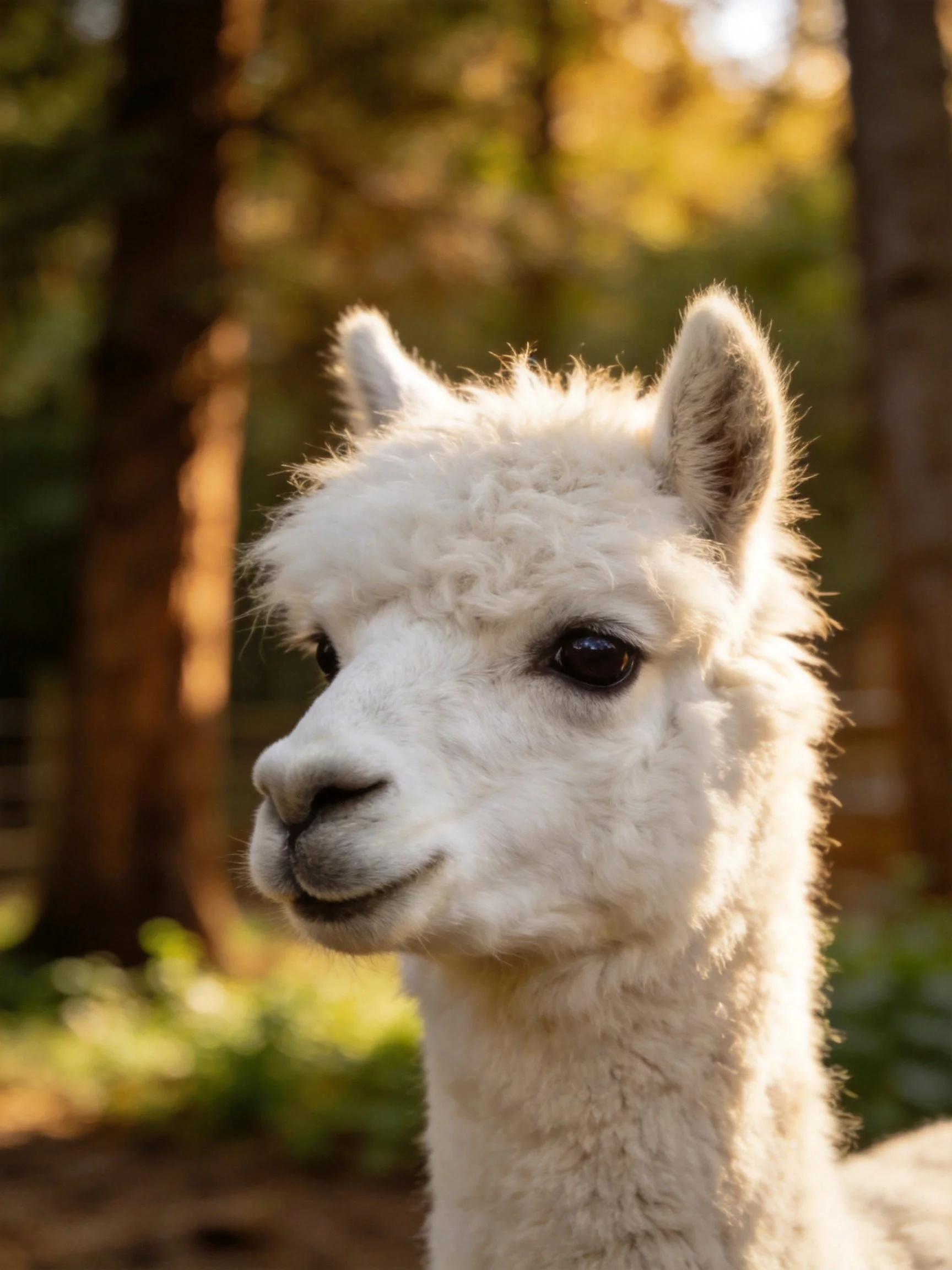 A fluffy white alpaca in a sun-dappled forest setting