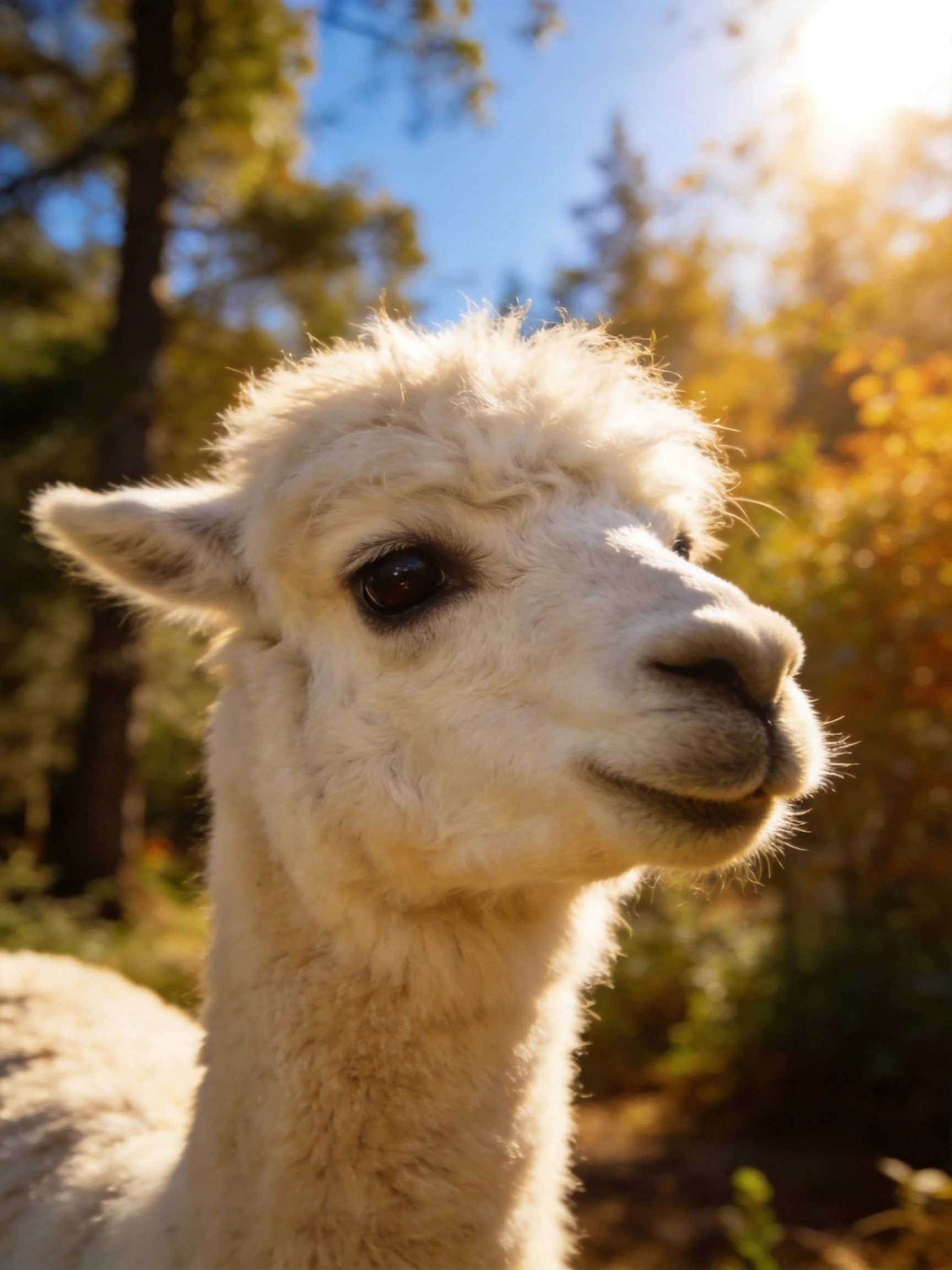 A fluffy white alpaca in a sun-drenched forest setting