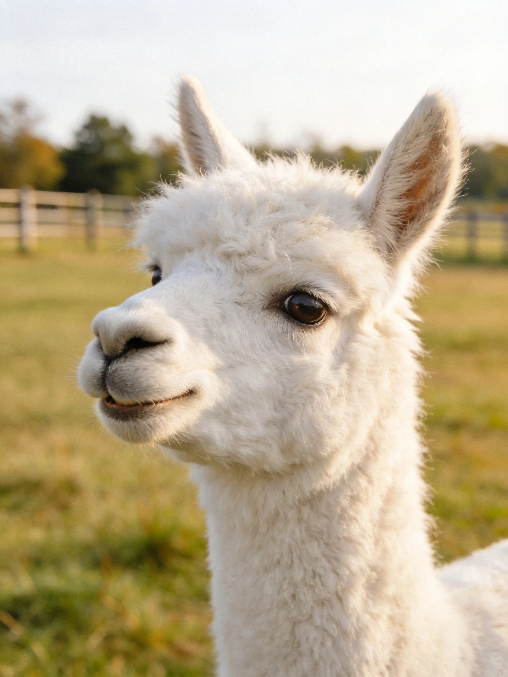 A fluffy white alpaca in a sunlit farm field