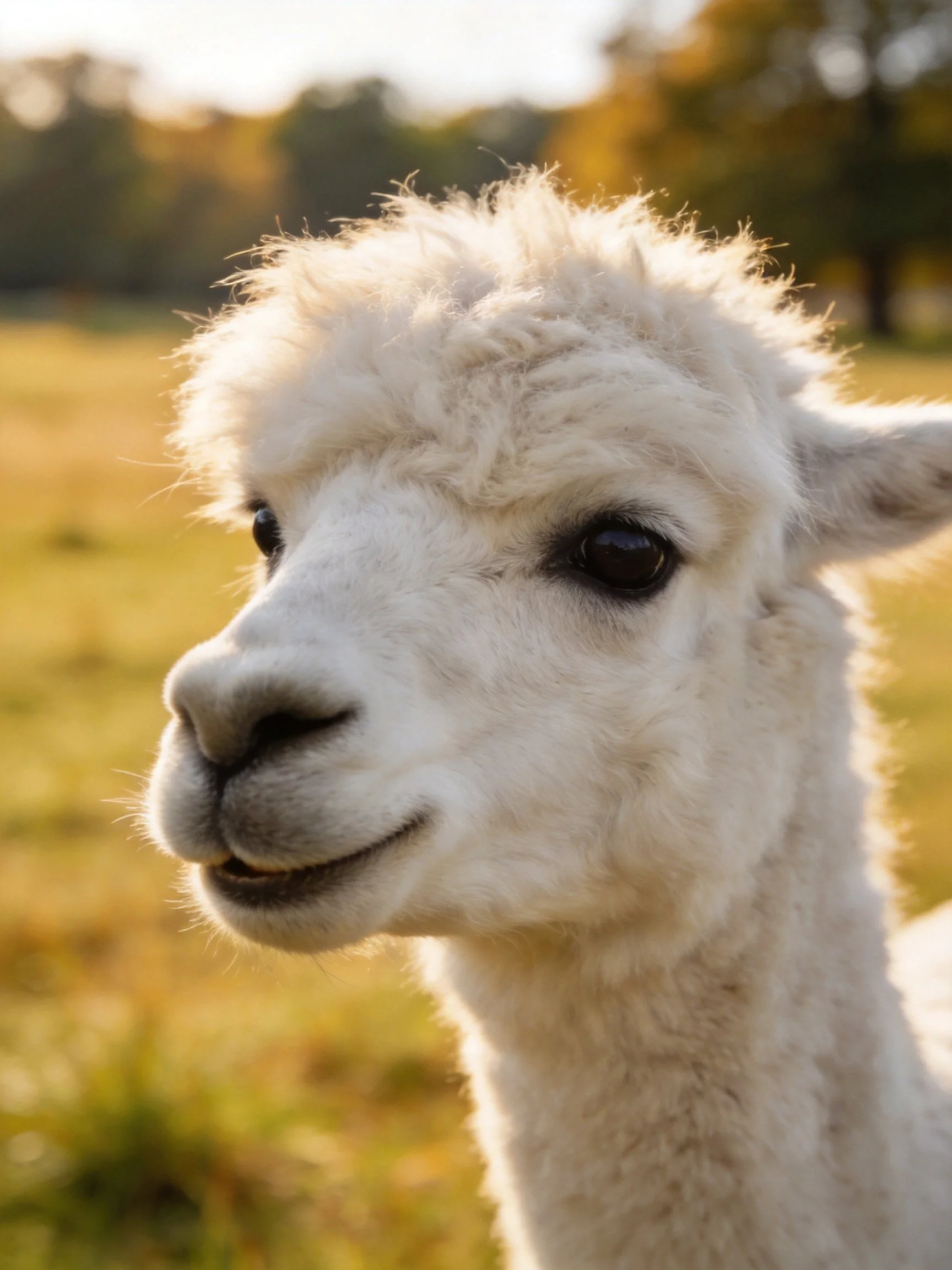A fluffy white alpaca in a sunlit golden field