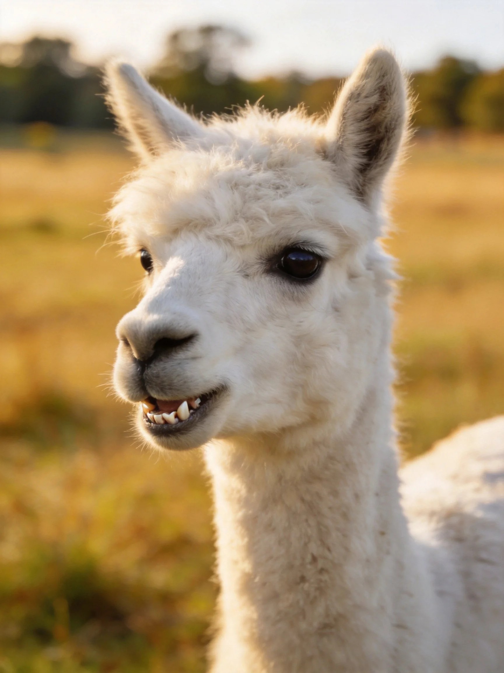 A fluffy white alpaca in a sunlit golden field