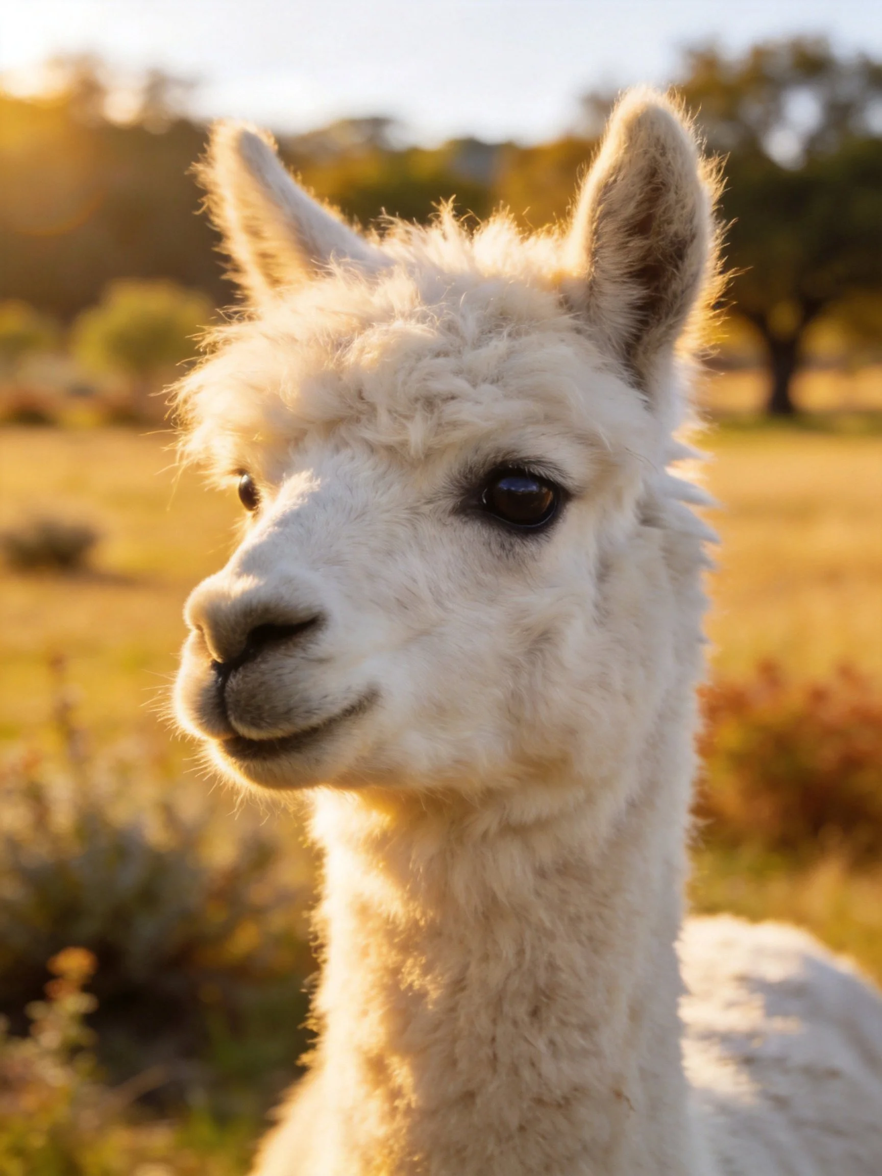 A fluffy white alpaca in a sunlit golden field with distant trees