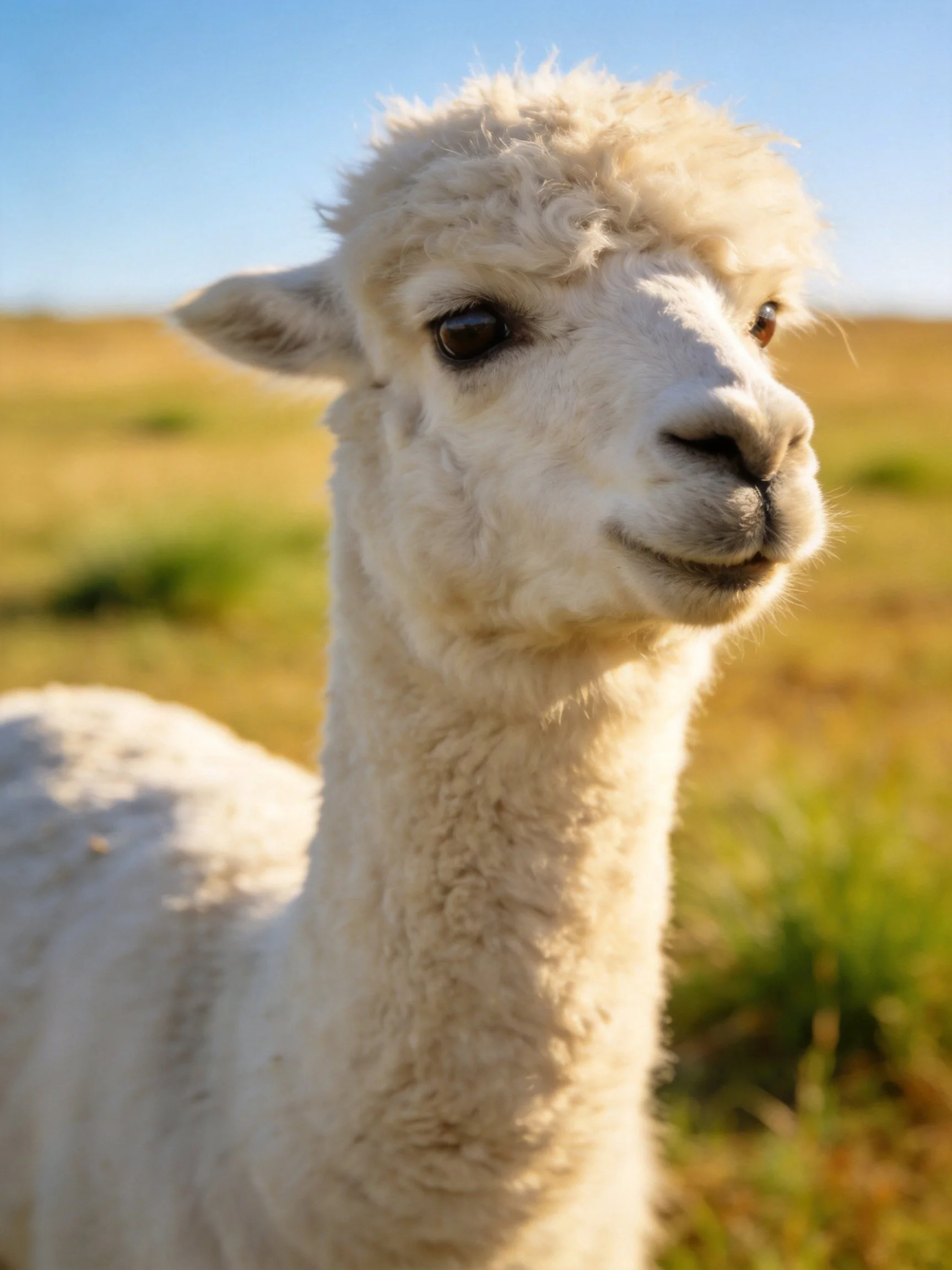 A fluffy white alpaca in a sunlit grassy field