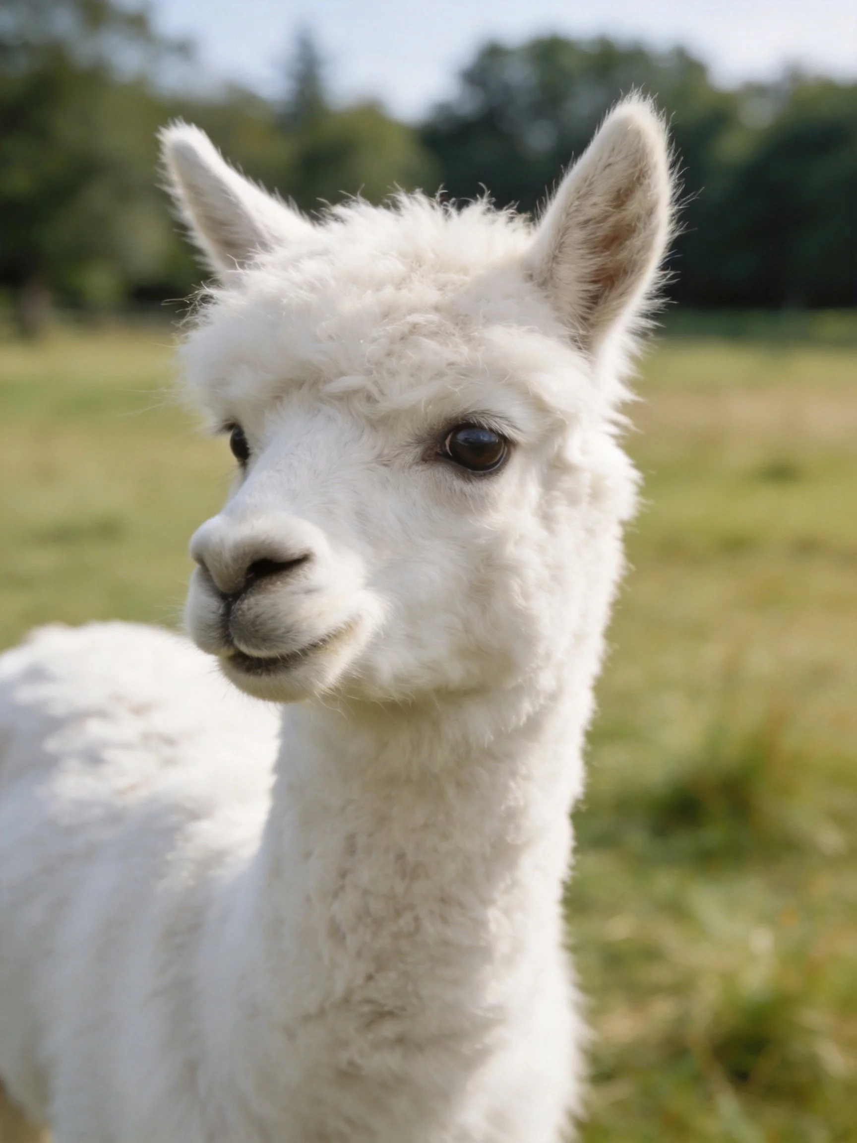 A fluffy white alpaca in a sunlit grassy field