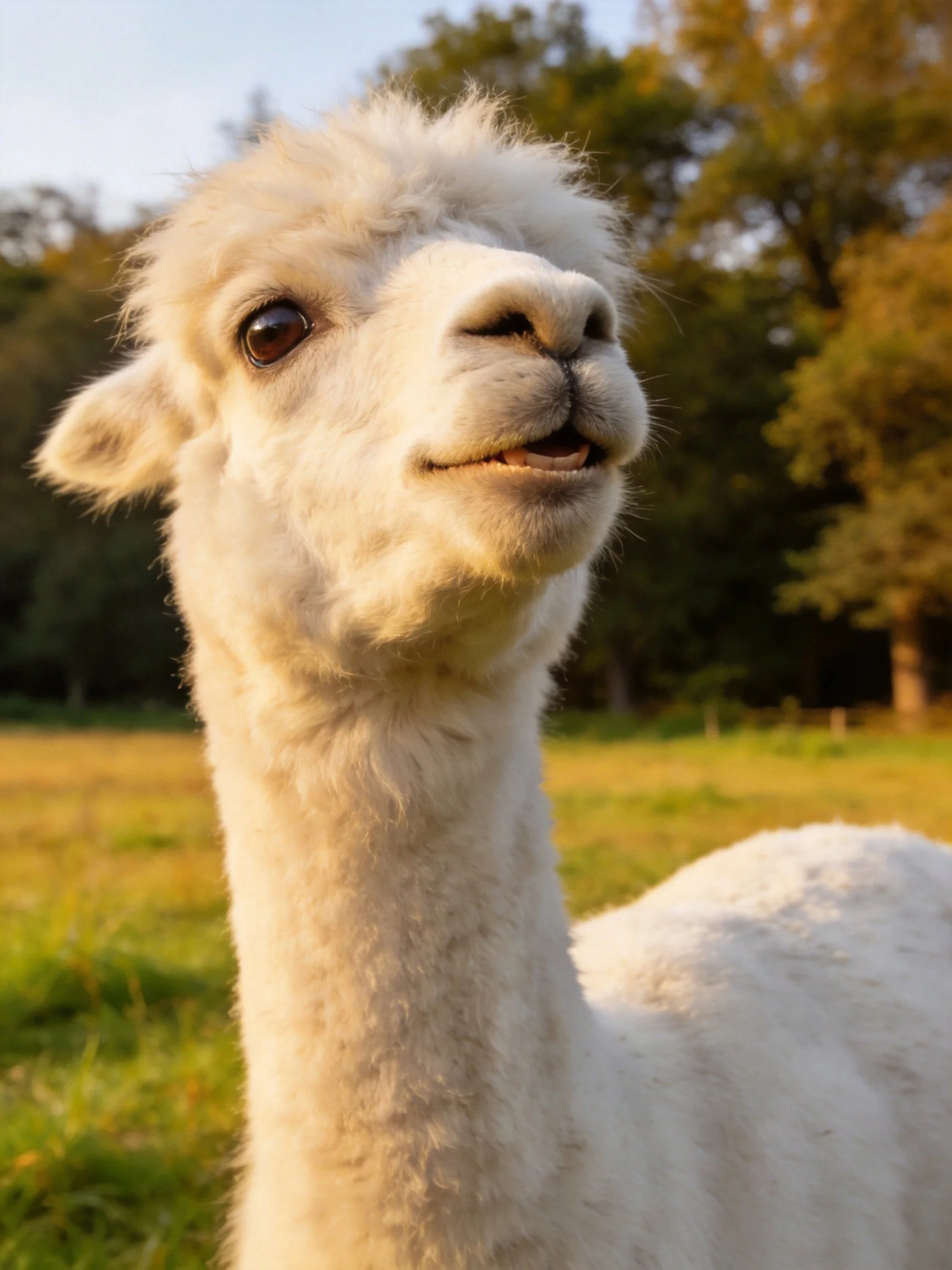 A fluffy white alpaca in a sunlit grassy field with trees