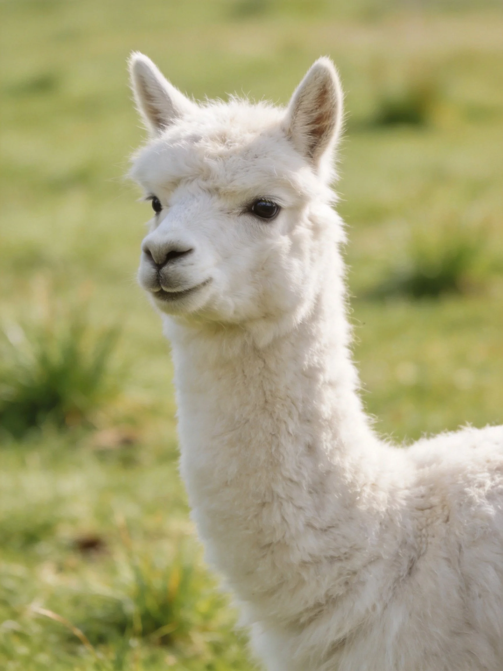 A fluffy white alpaca in a sunlit green meadow