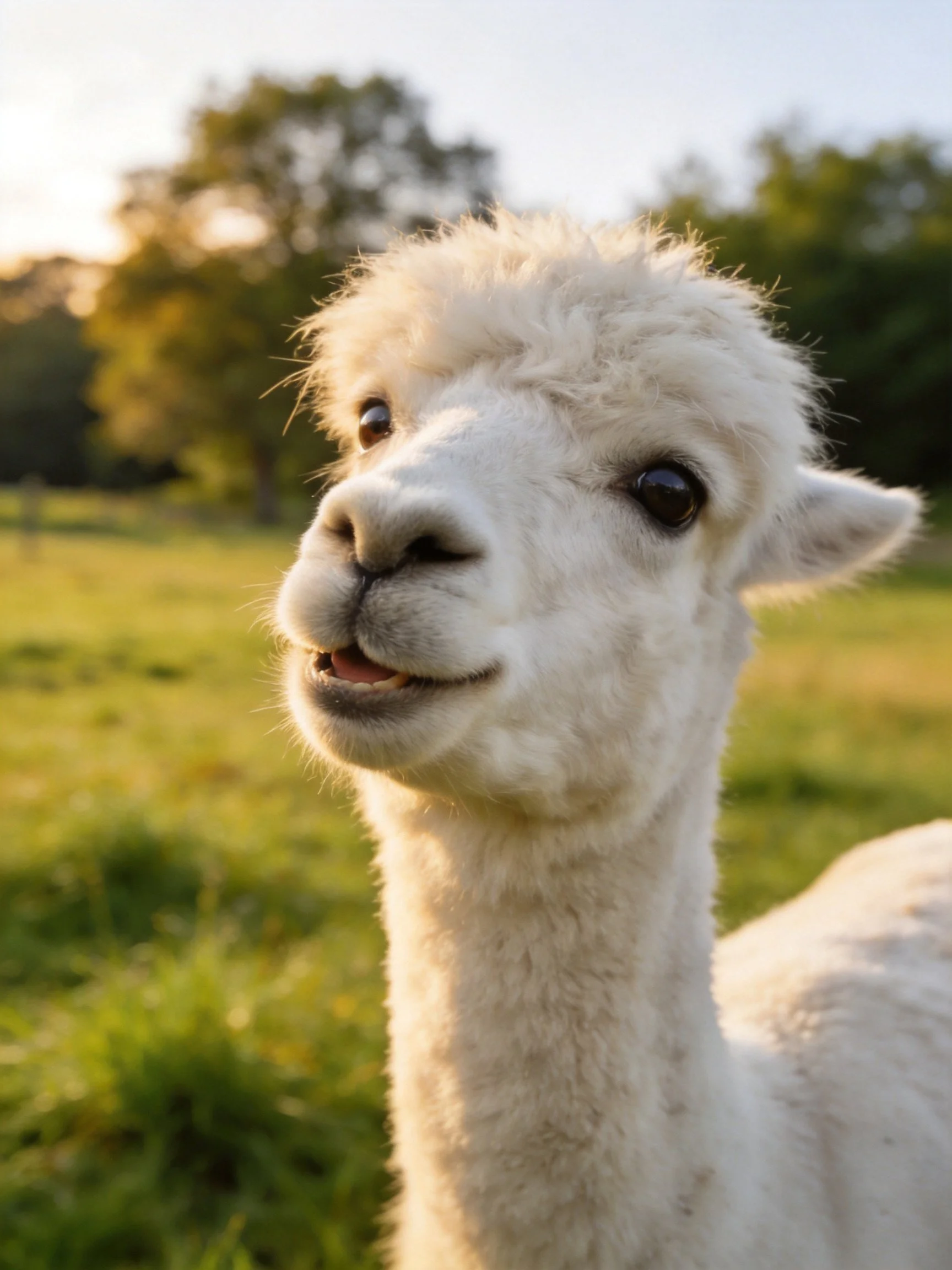 A fluffy white alpaca in a sunlit green meadow with trees