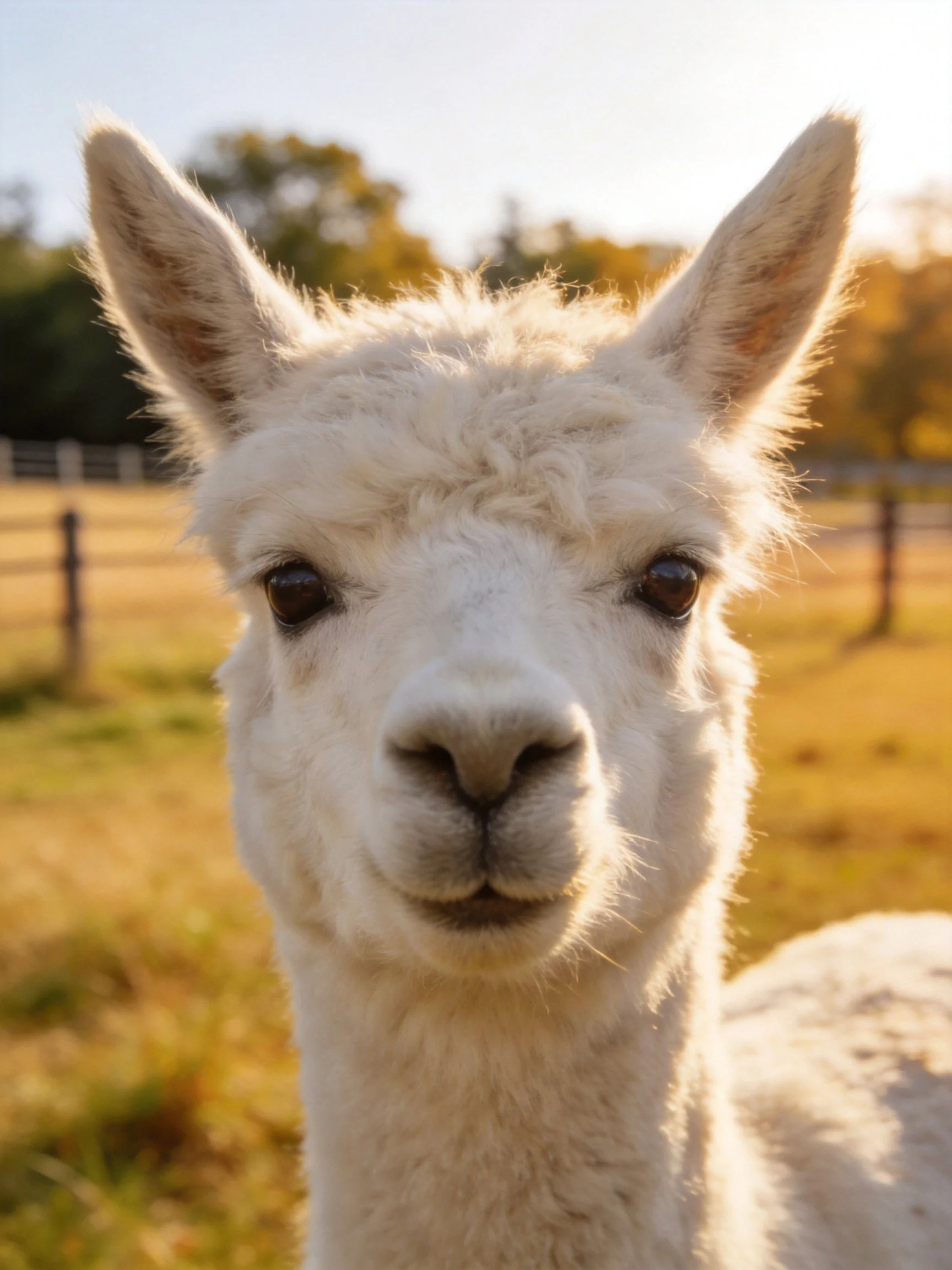 A fluffy white alpaca in a sunlit rural field