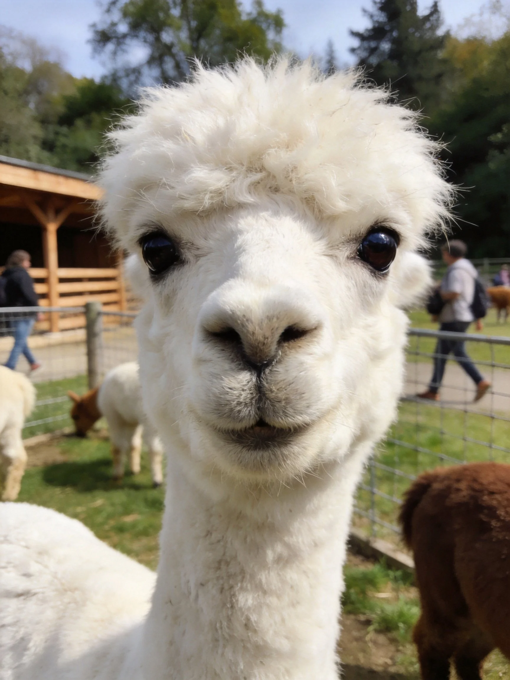A fluffy white alpaca in a sunny farm enclosure