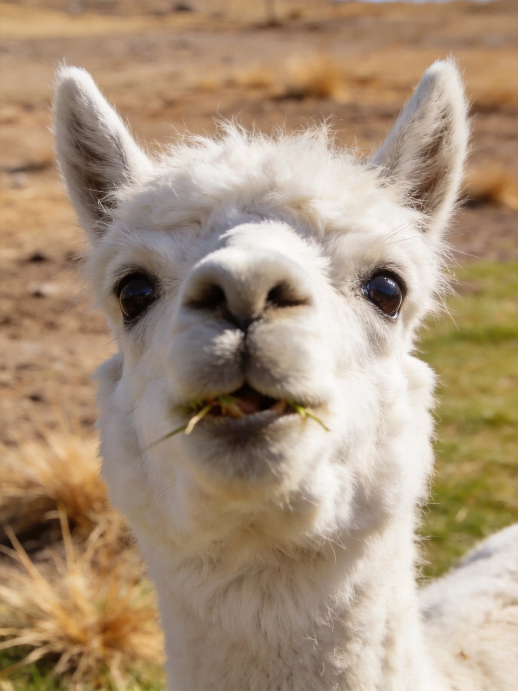 A fluffy white alpaca munching grass in a sun - drenched, earthy landscape