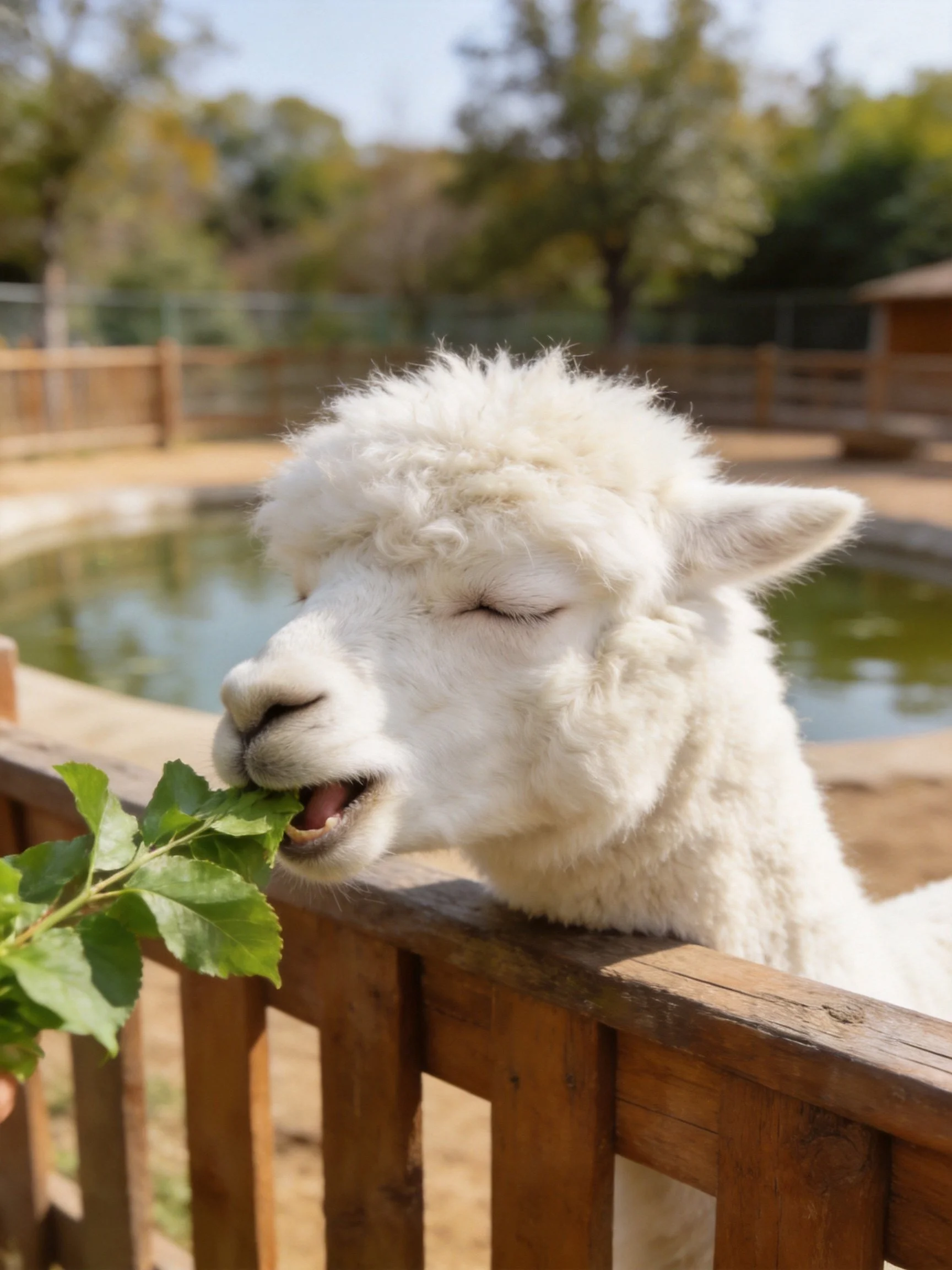 A fluffy white alpaca munching green leaves by a wooden fence