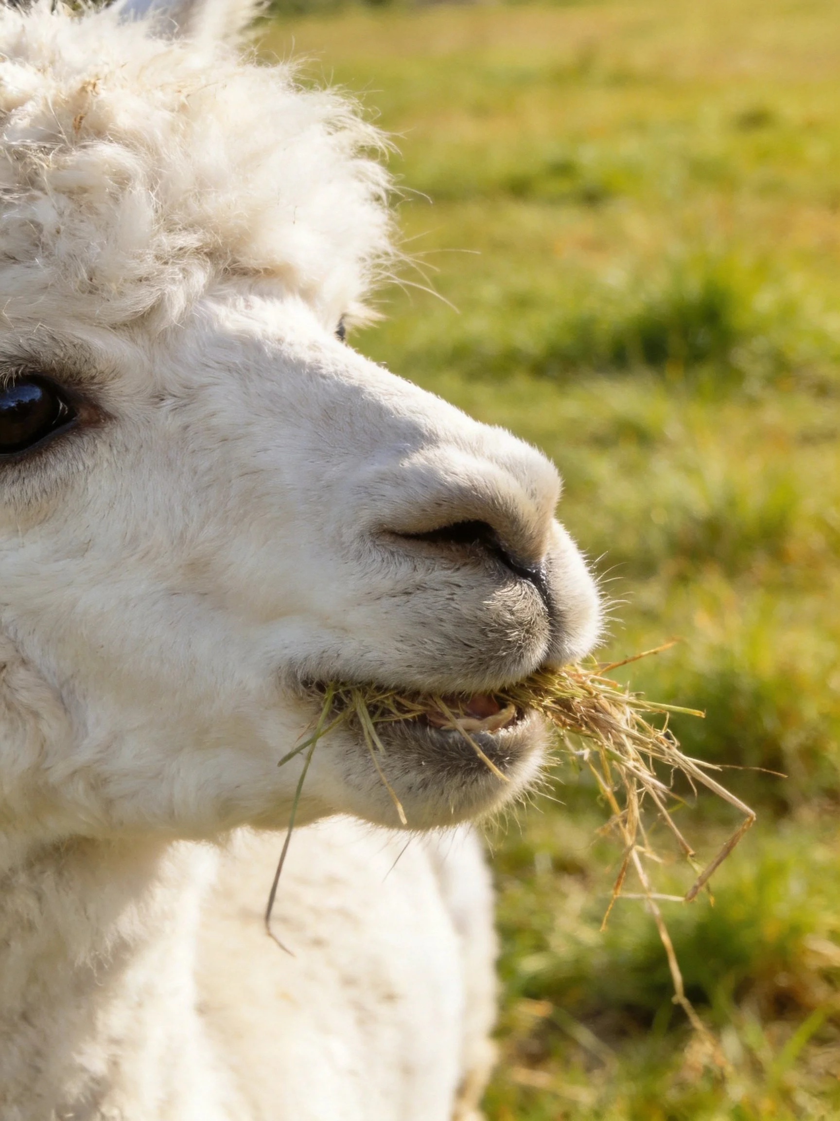 A fluffy white alpaca munching hay in a green field