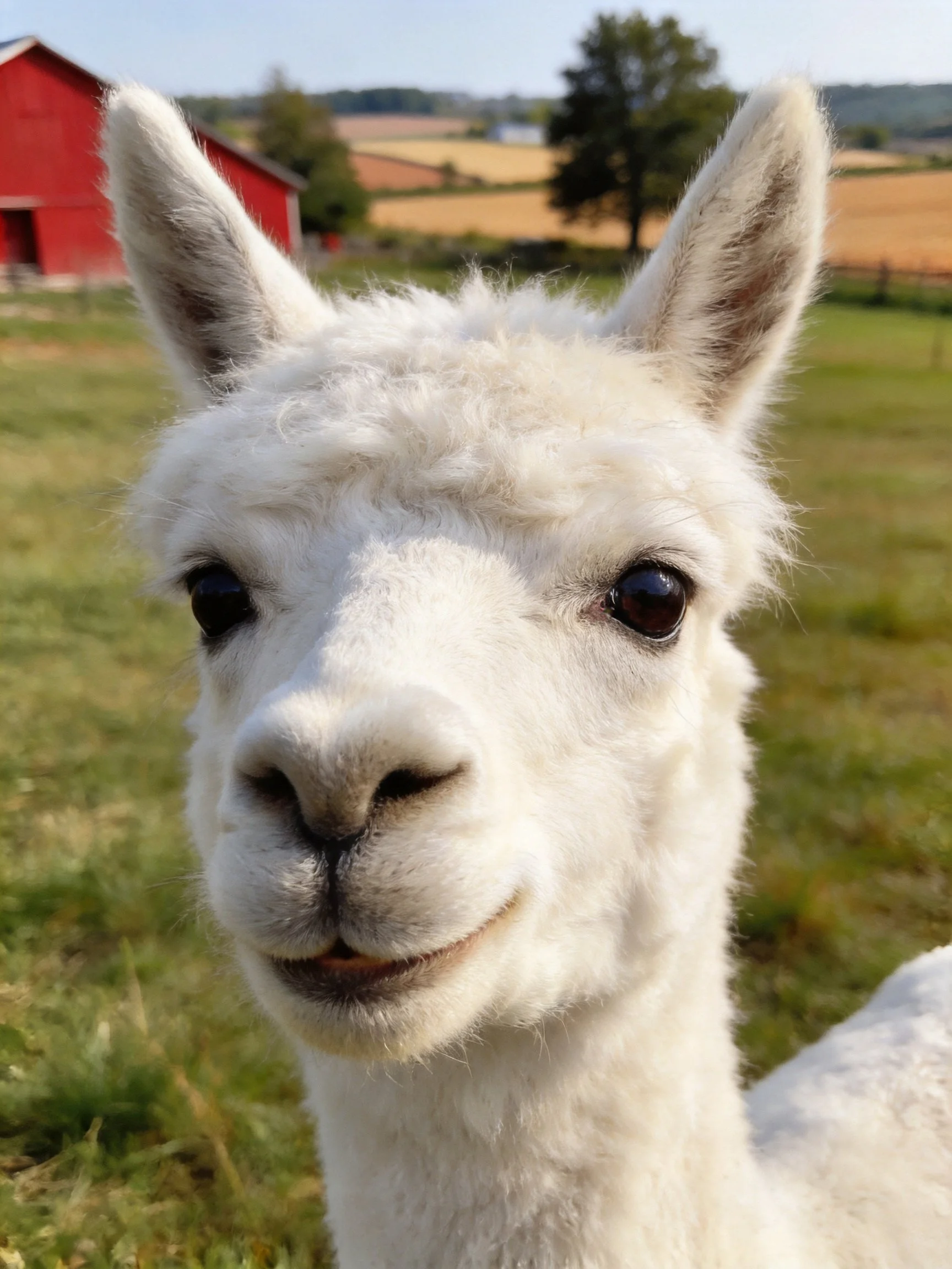 A fluffy white alpaca near a bright red barn in a green pasture