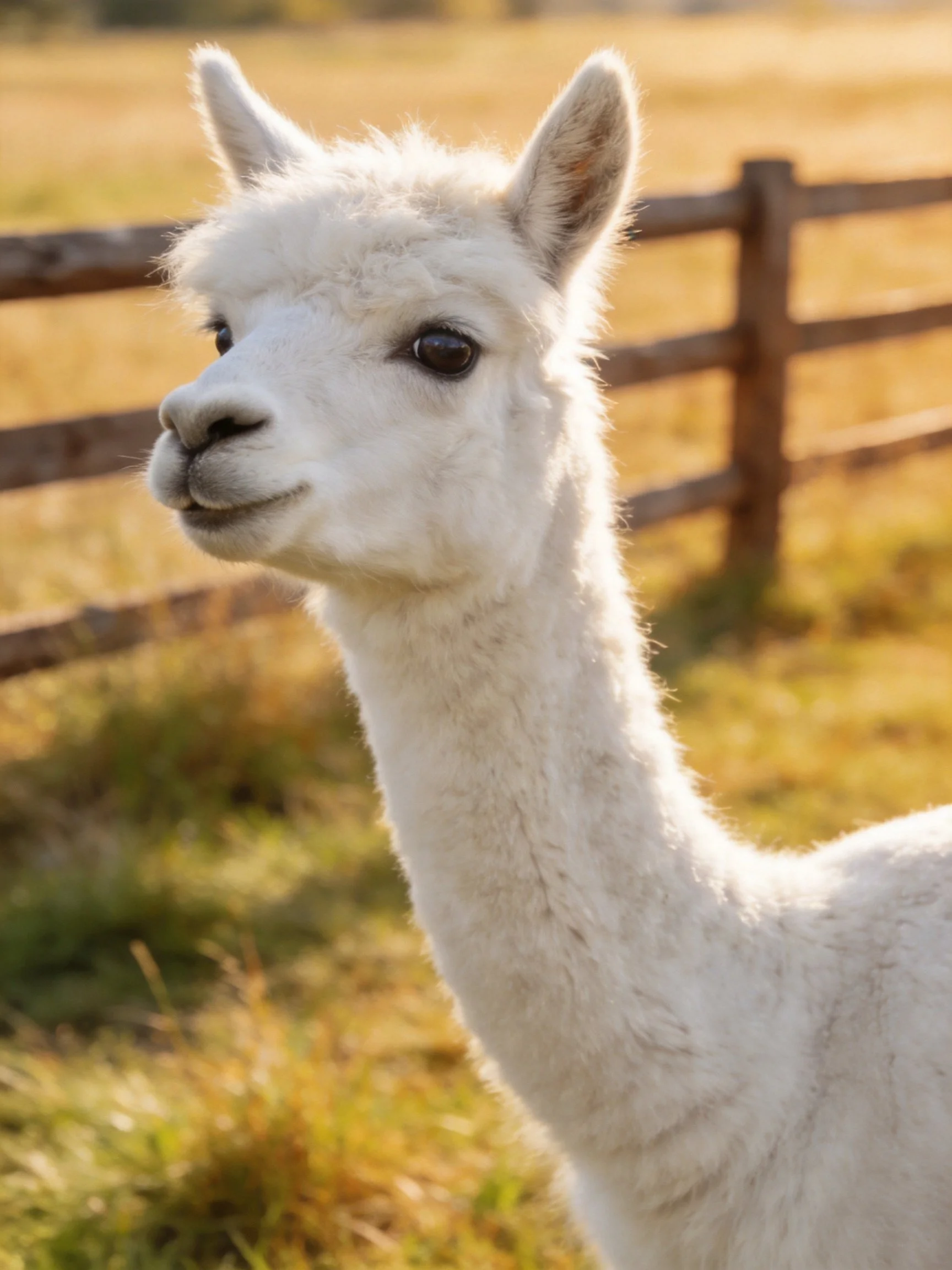A white alpaca stands near a wooden fence in a sunlit field.