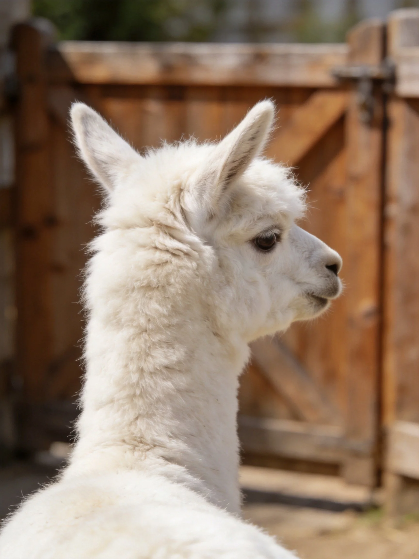 A fluffy white alpaca stands near a rustic wooden gate.