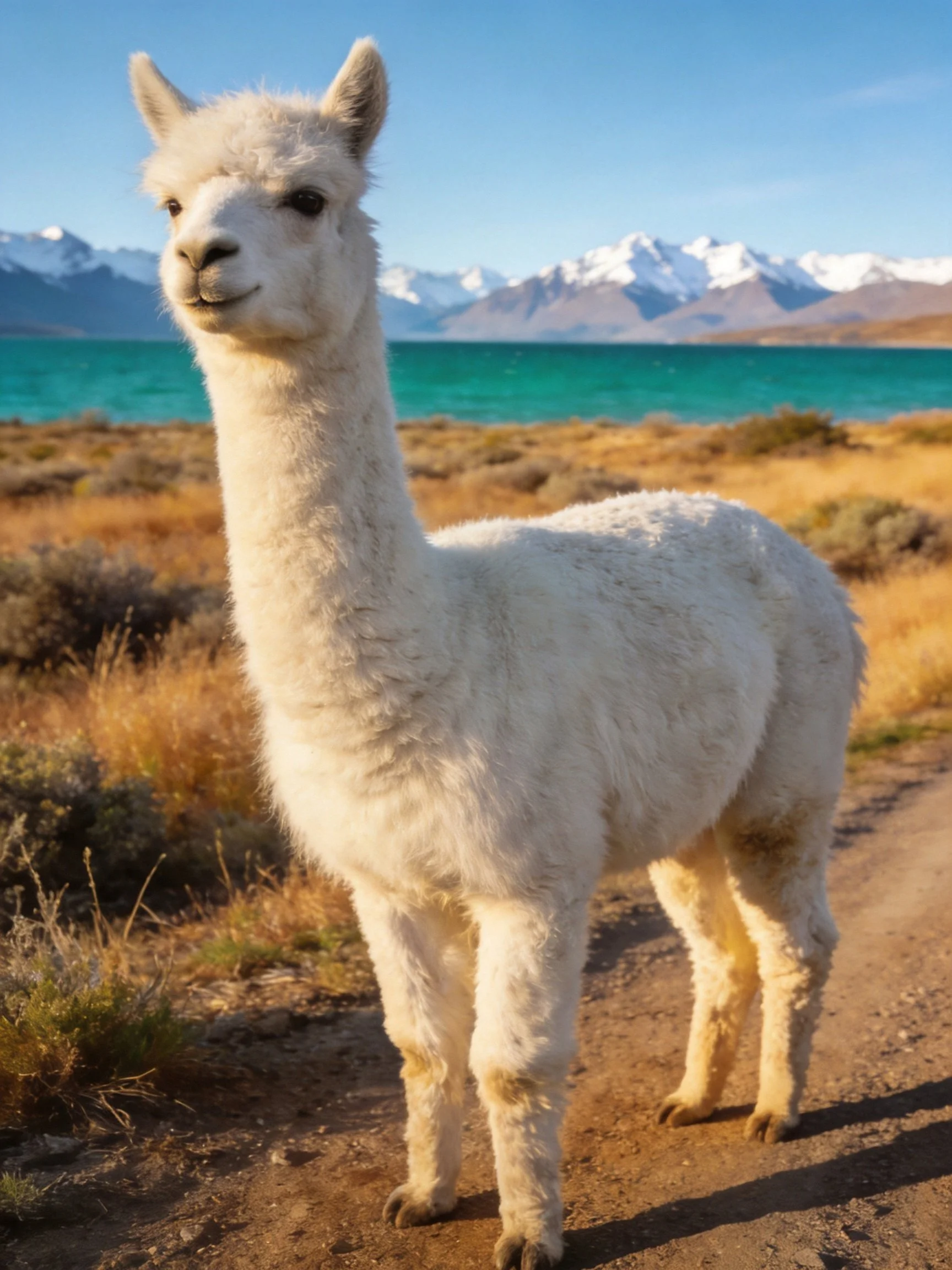 A fluffy white alpaca near a turquoise lake with snow - capped mountains