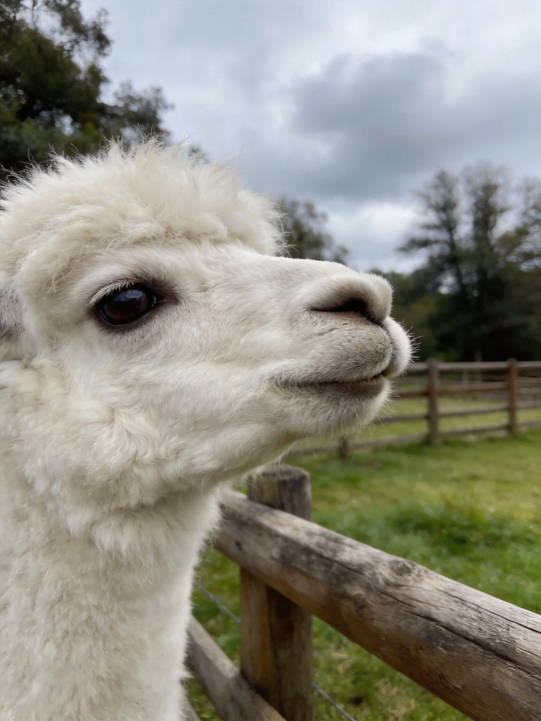 A fluffy white alpaca near a weathered wooden fence under overcast skies
