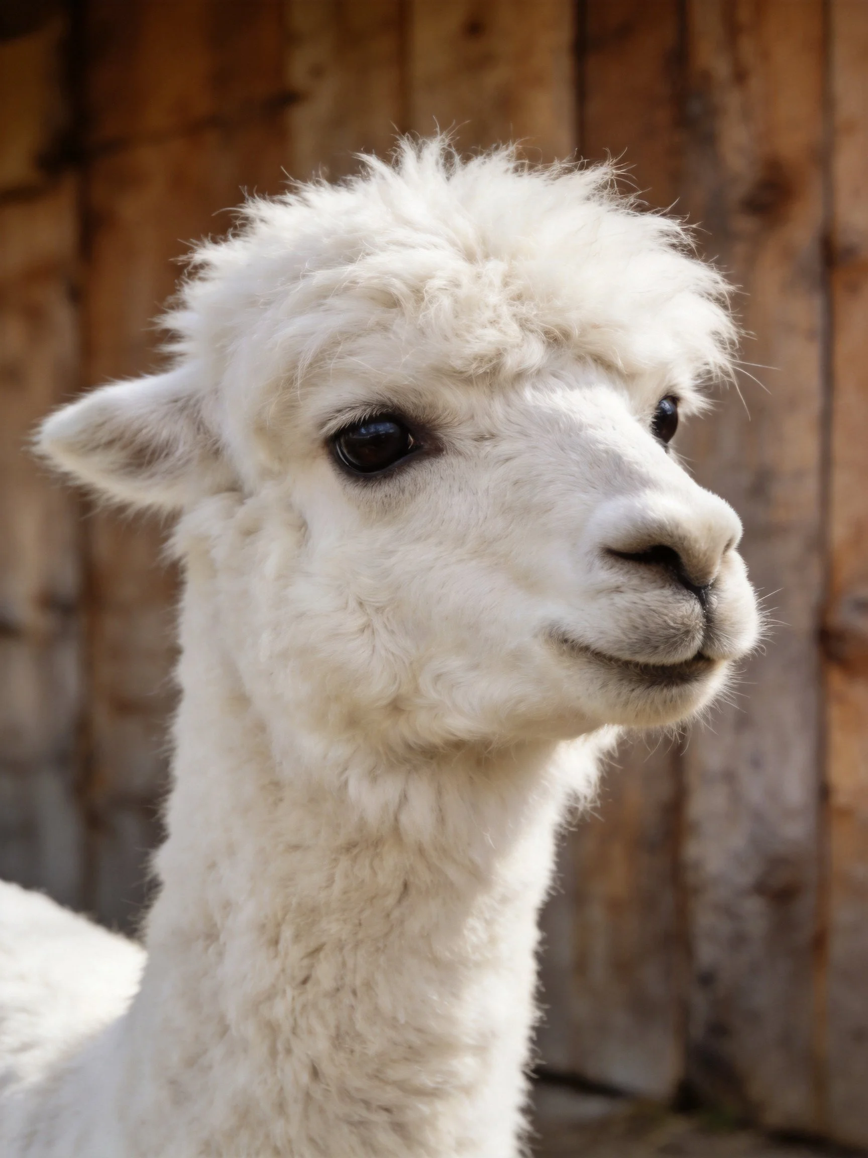 A fluffy white alpaca near a weathered wooden structure