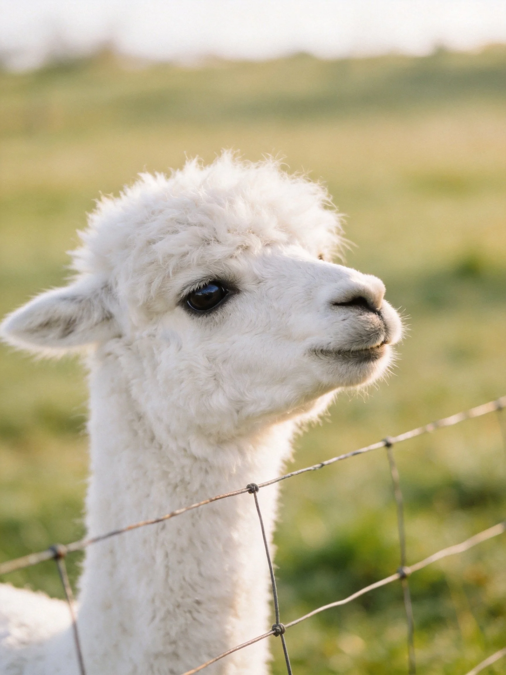 A fluffy white alpaca near a wire fence in a green pasture