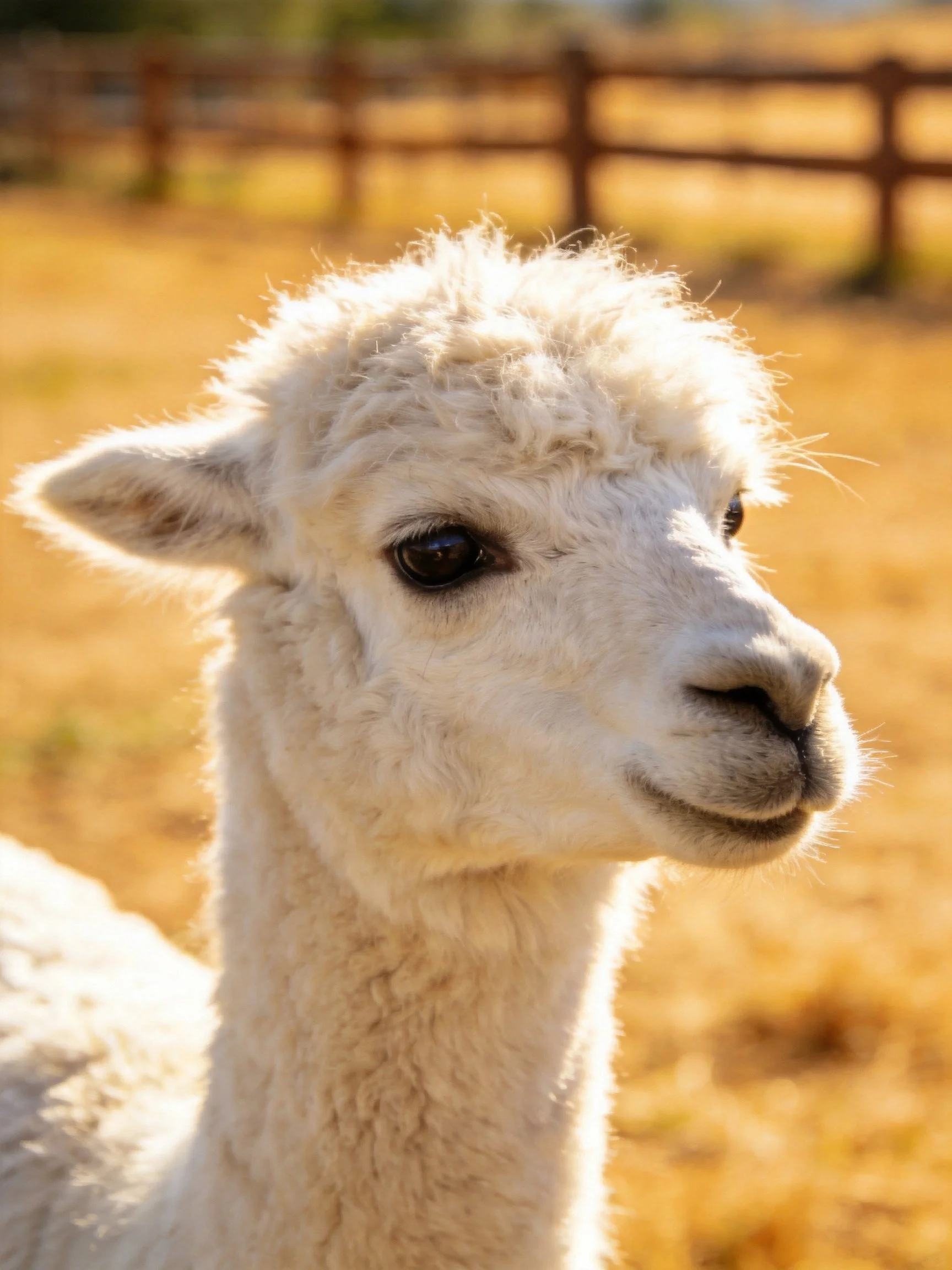 A fluffy white alpaca near a wooden fence