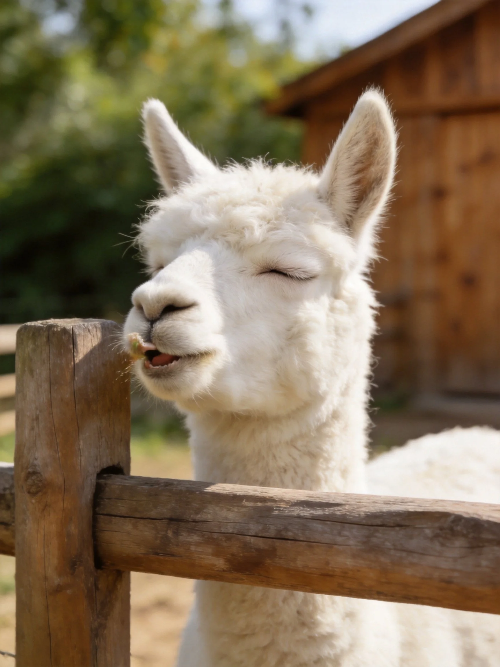 A fluffy white alpaca near a wooden fence by a rustic brown barn