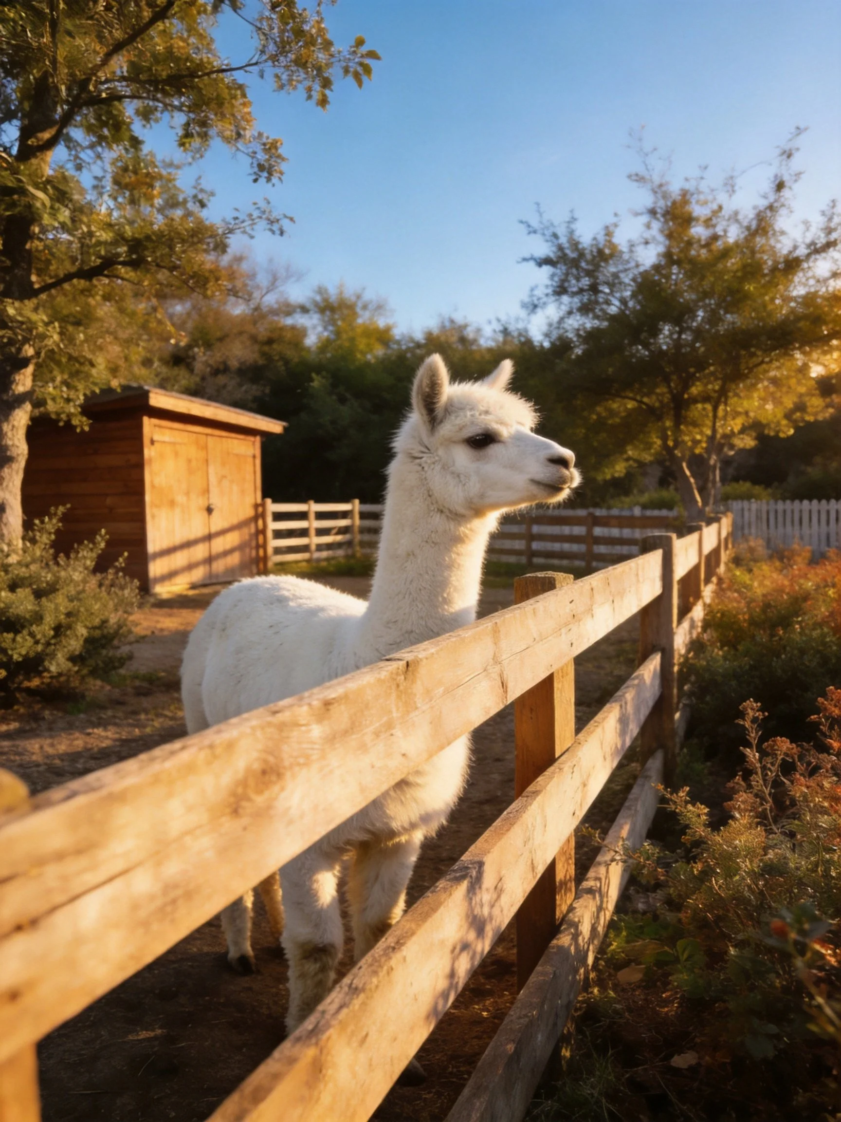 A fluffy white alpaca near a wooden fence by a wooden shed