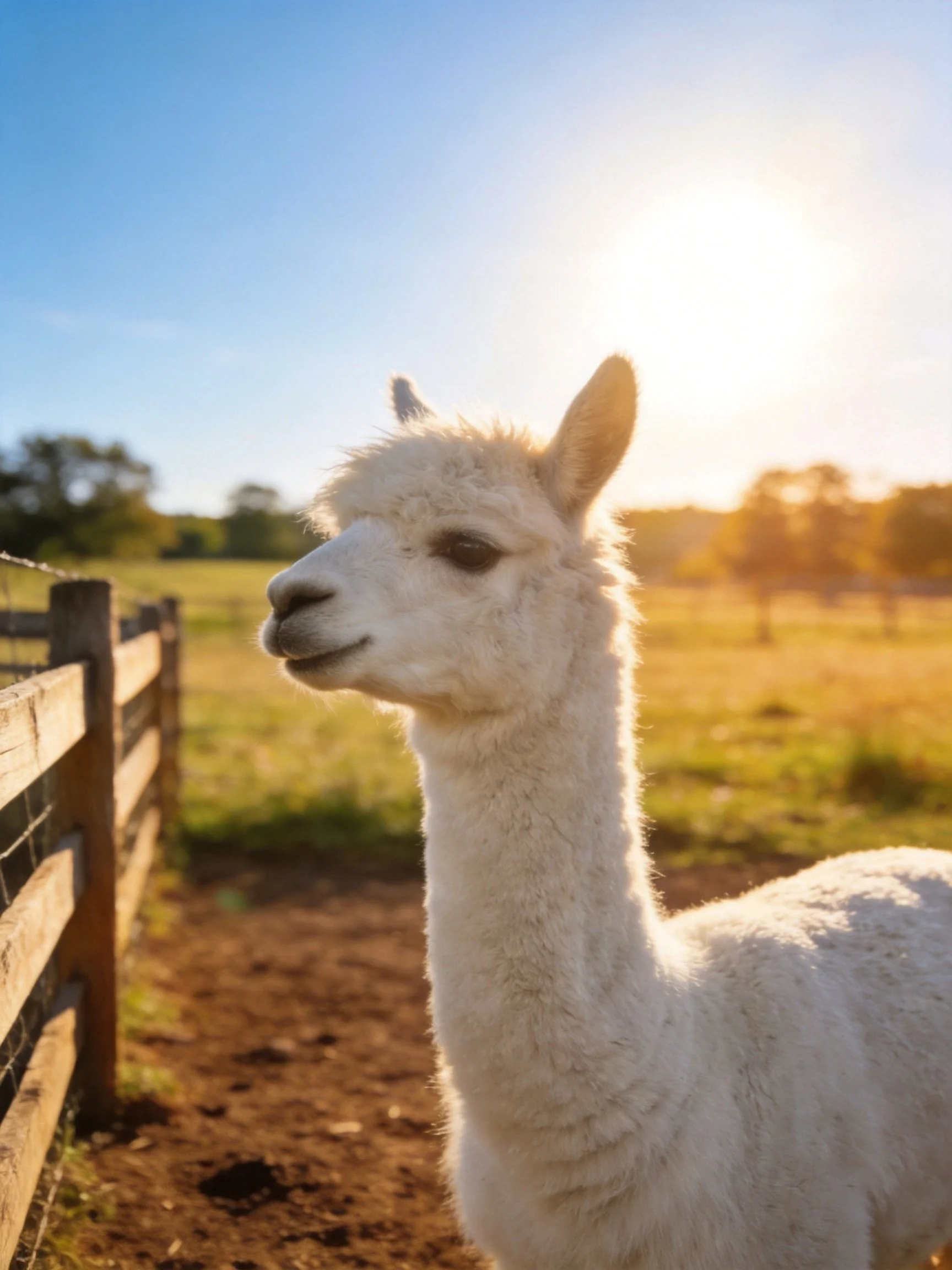 A fluffy white alpaca near a wooden fence in golden sunlight