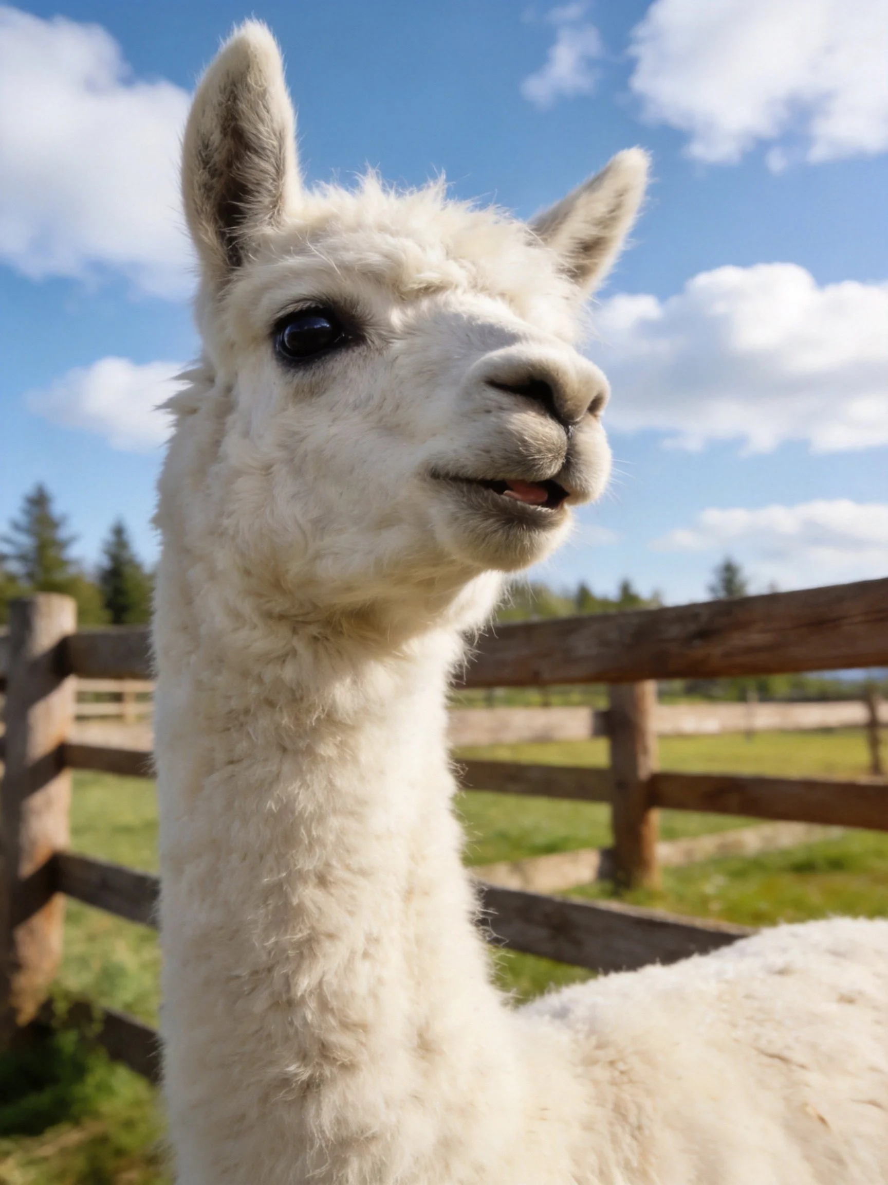 A fluffy white alpaca near a wooden fence under blue skies