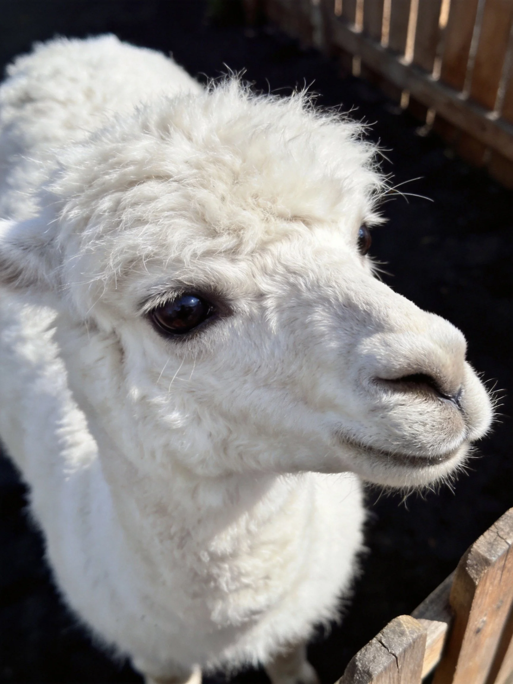 A fluffy white alpaca near wooden fencing under bright sunlight