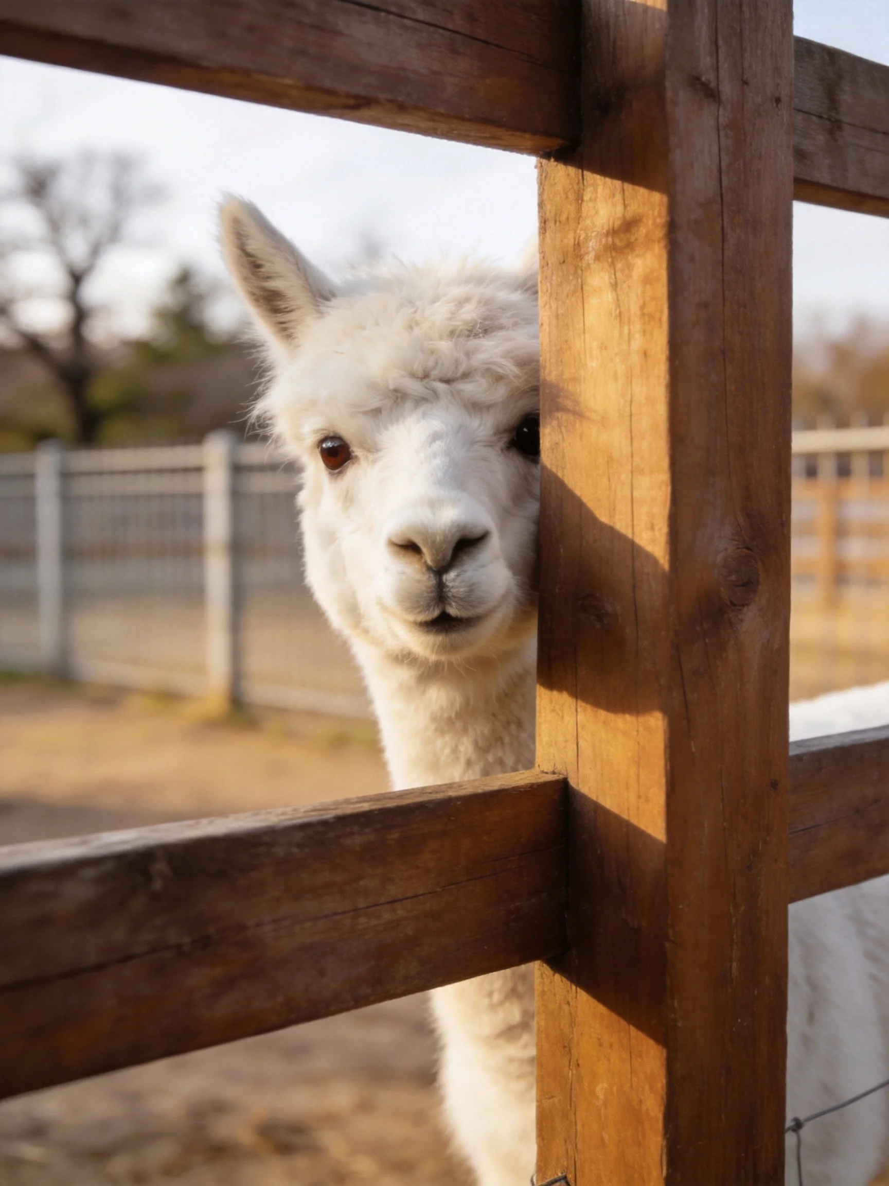 A fluffy white alpaca peeks through a brown wooden fence