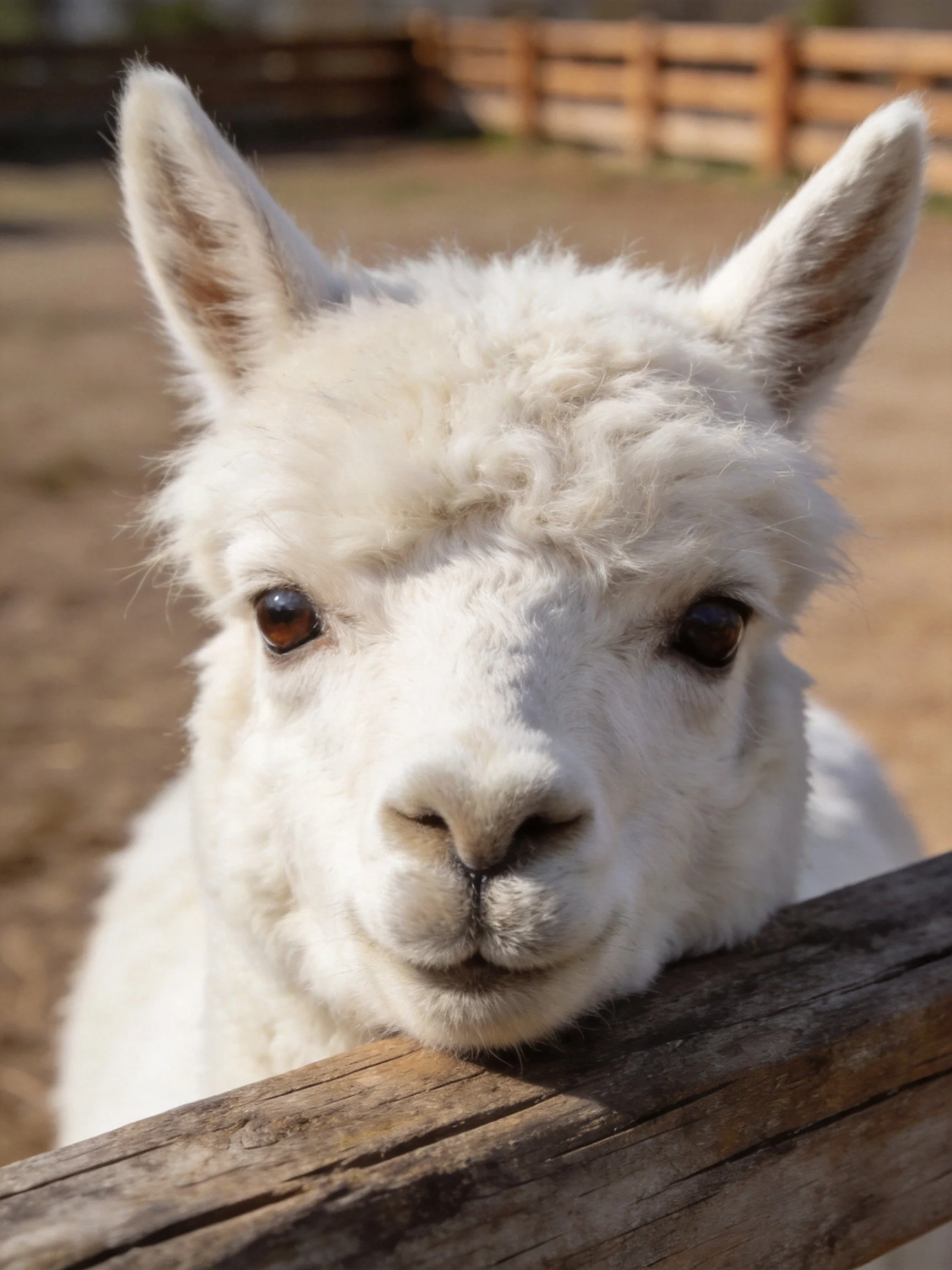 A fluffy white alpaca peers over a weathered wooden fence