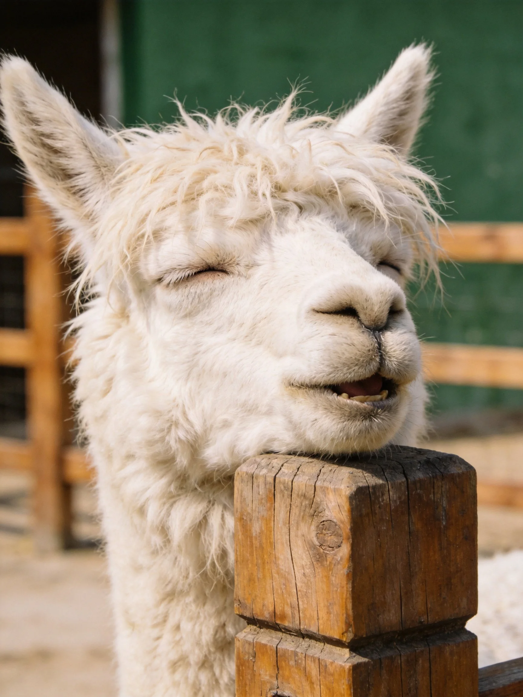 A fluffy white alpaca rests against a weathered wooden fence post