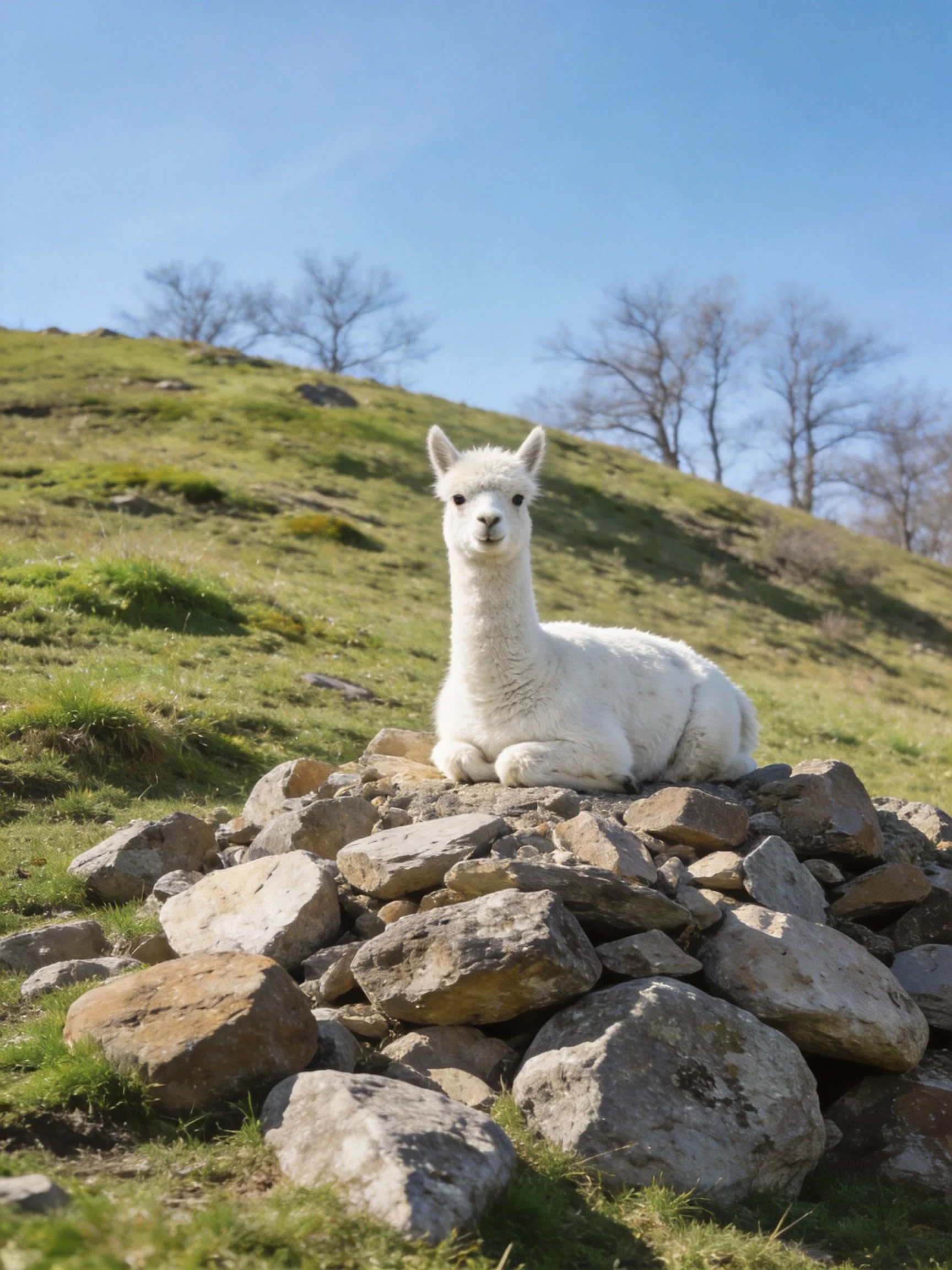 A white alpaca relaxes on a rocky pile in a sunlit grassy landscape.