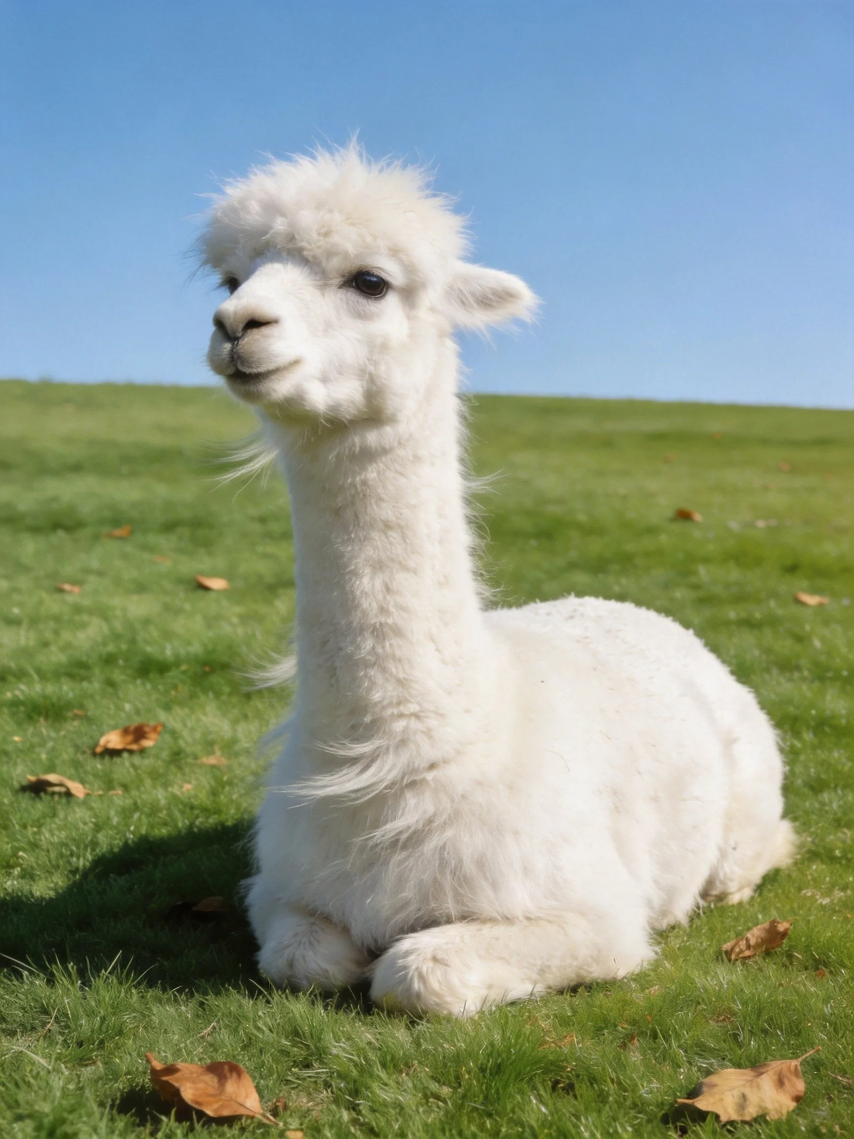 A white alpaca relaxes on green grass with scattered brown leaves.
