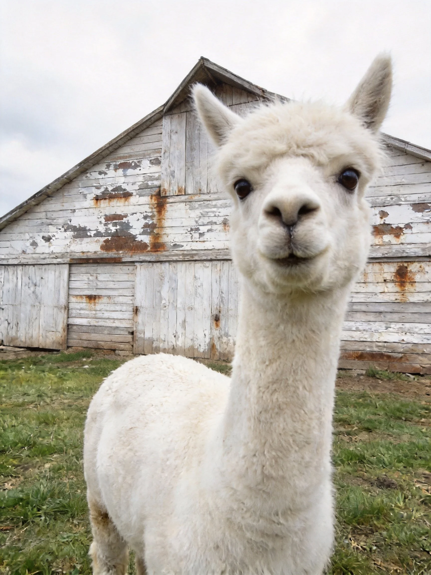 A fluffy white alpaca stands beside an aged, peeling barn