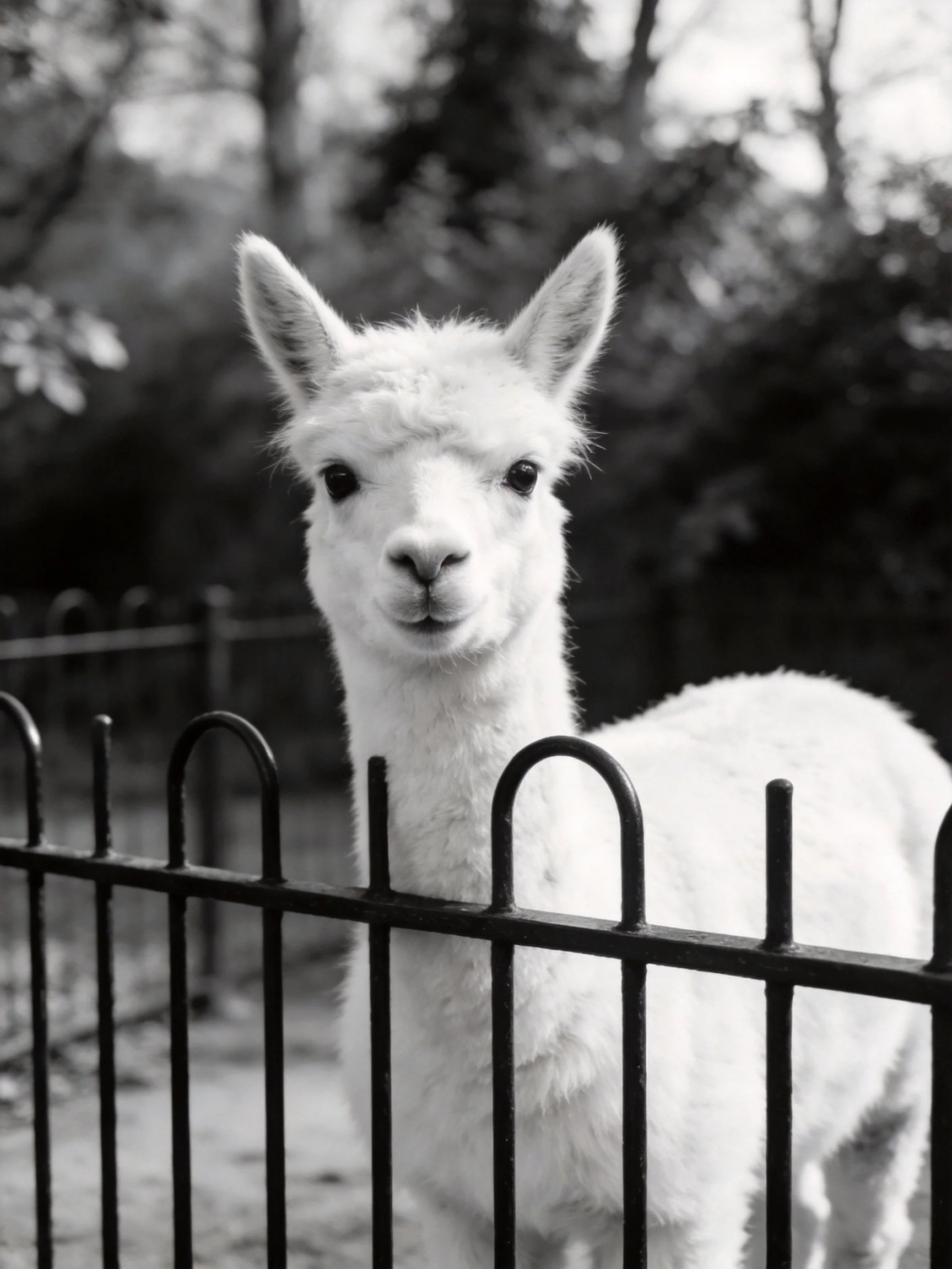 A fluffy white alpaca stands behind a dark metal fence