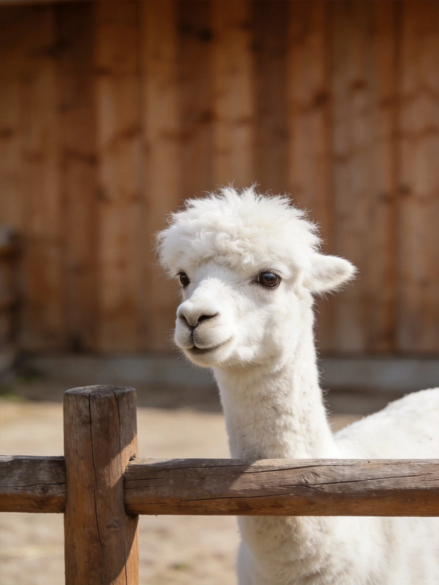 A fluffy white alpaca stands behind a wooden fence near a brown wooden structure