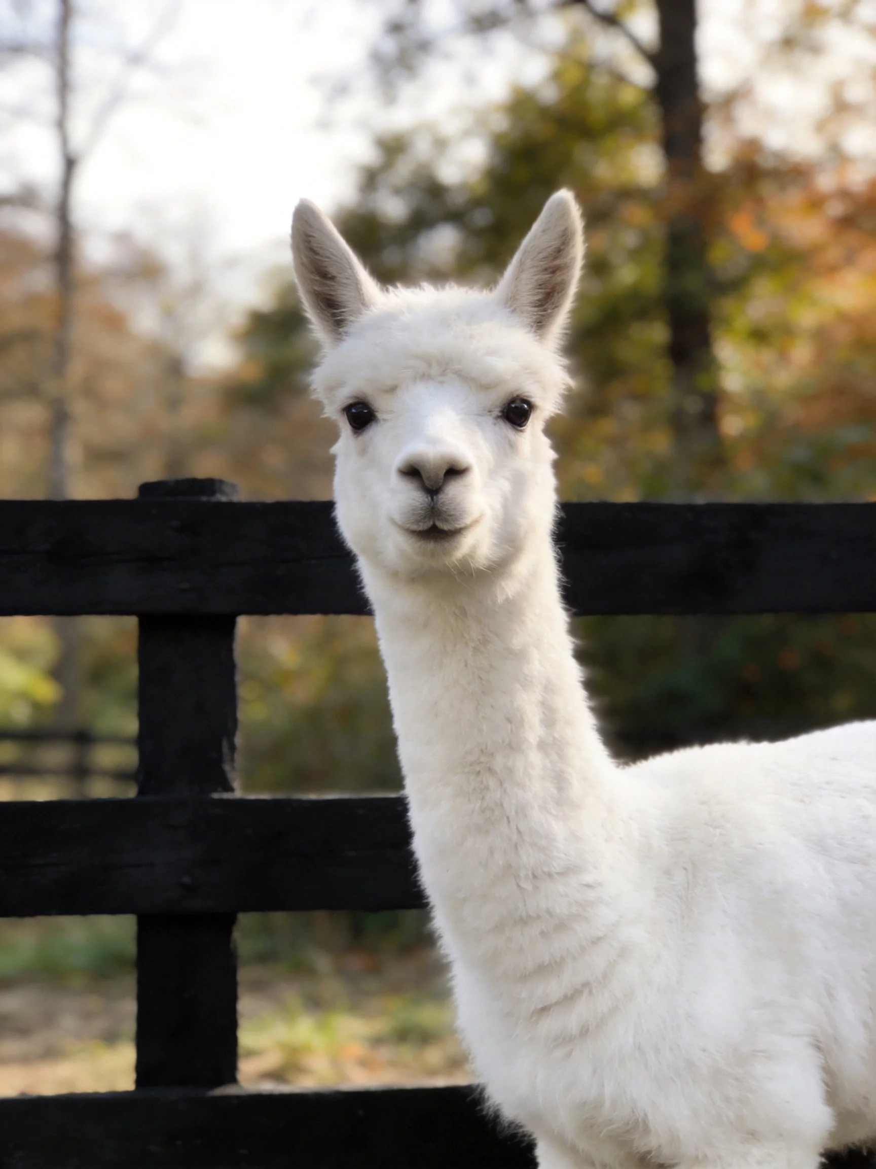 A fluffy white alpaca stands beside a black wooden fence in a wooded area