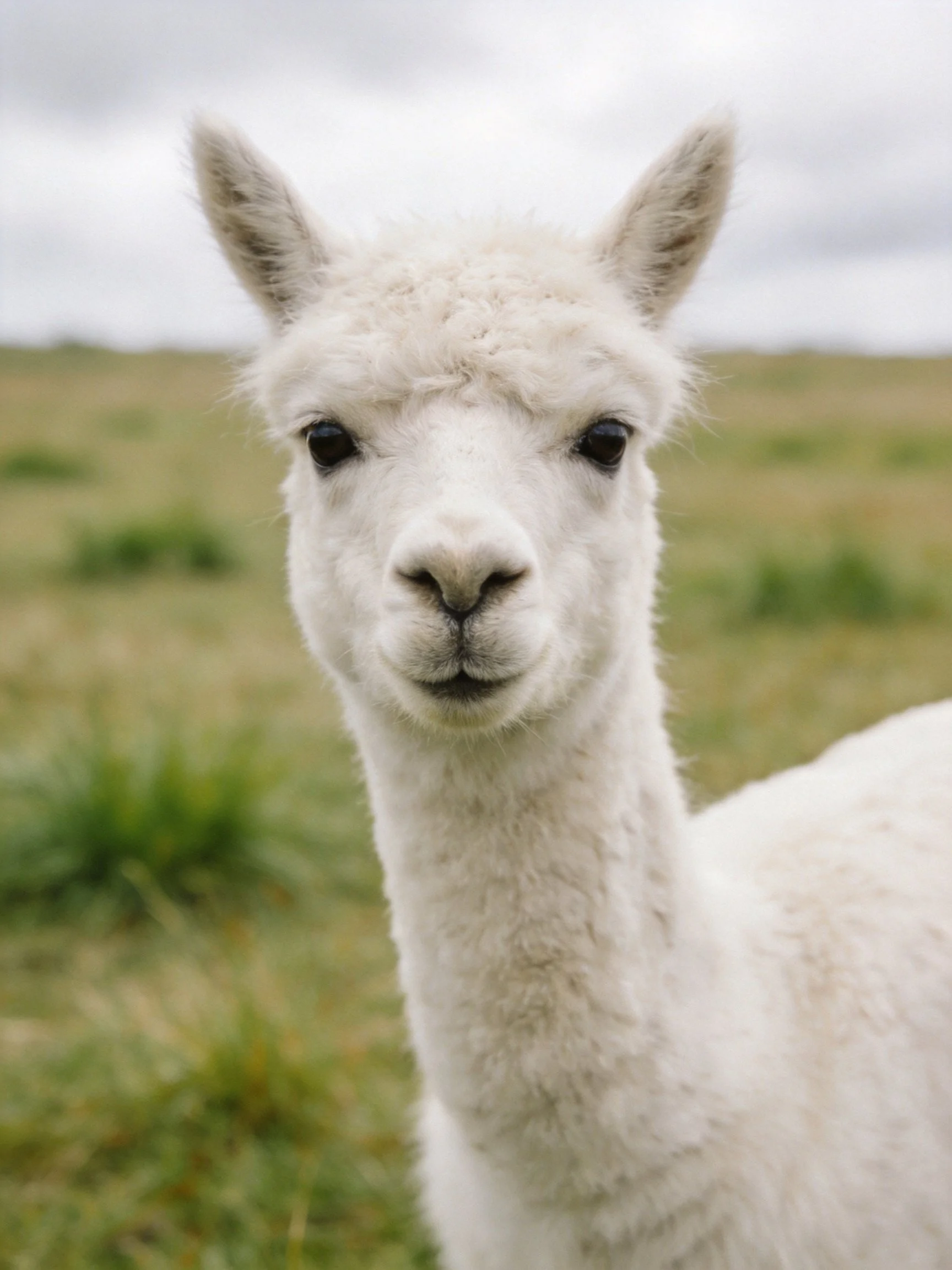 A fluffy white alpaca stands in a grassy open field