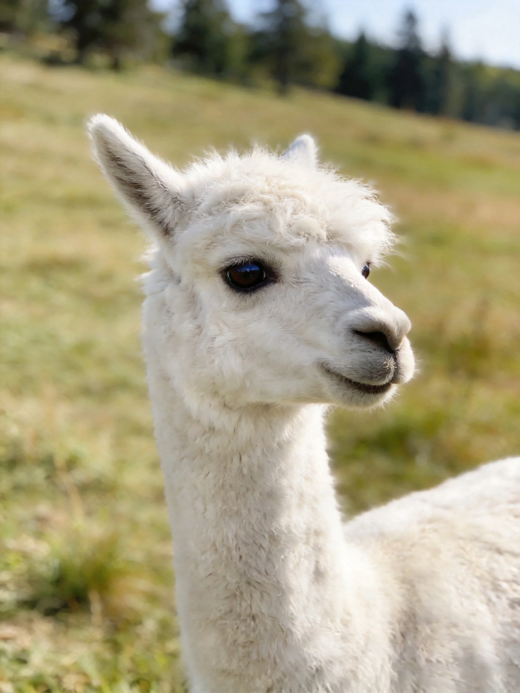 A fluffy white alpaca stands in a sunlit grassy meadow